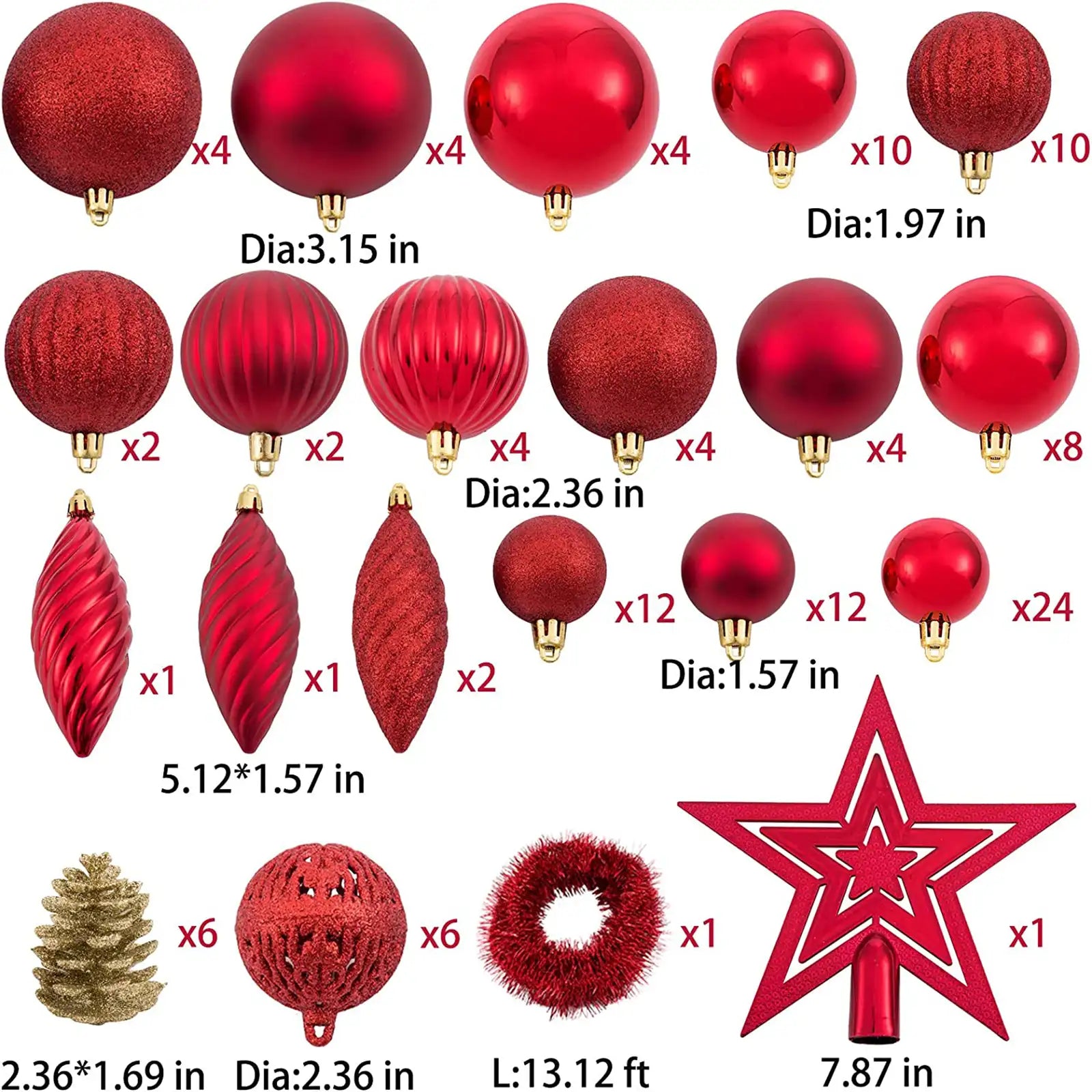 119ct Christmas Tree Ball Ornaments Set Assorted Shapes