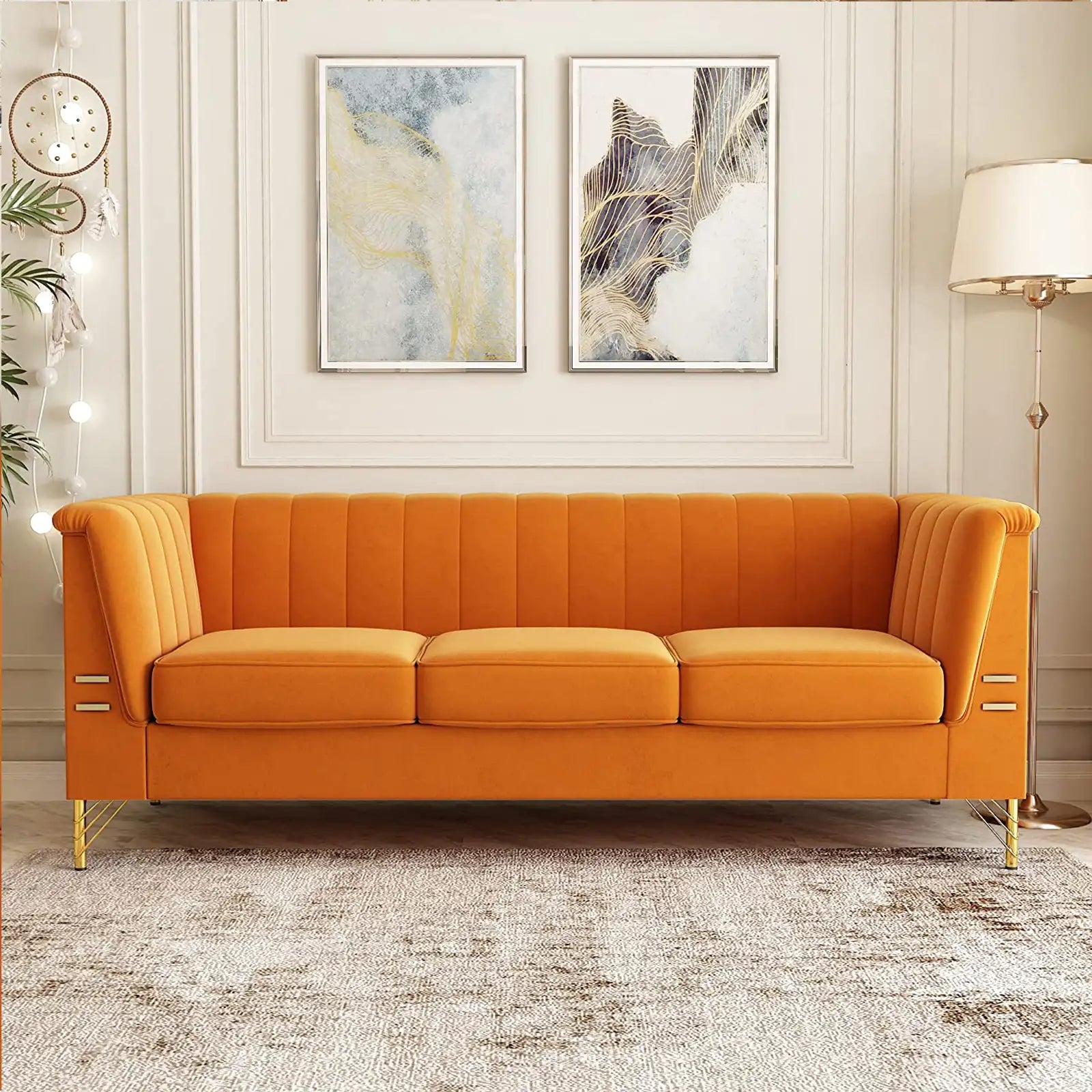 Velvet Sectional Sofa,3-Seater Couch with Soft Seat Metal Legs for Bedroom,Office,Apartment,Living Room