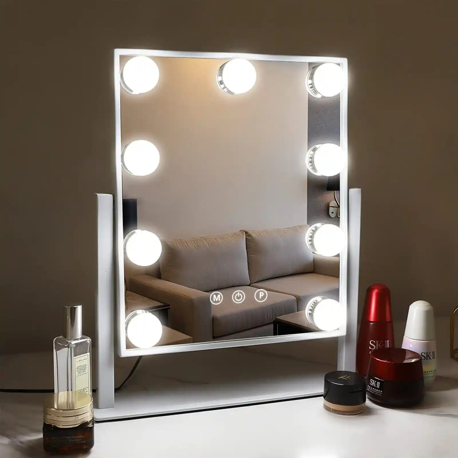 Espejo de tocador con luces, mesa de metal con rotación de 360°, 3 colores