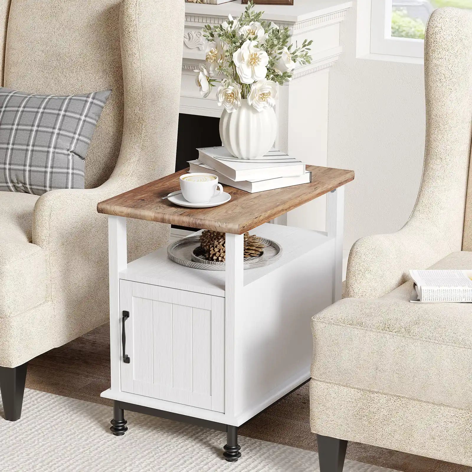 Farmhouse White Nightstand , End Sofa Side Table