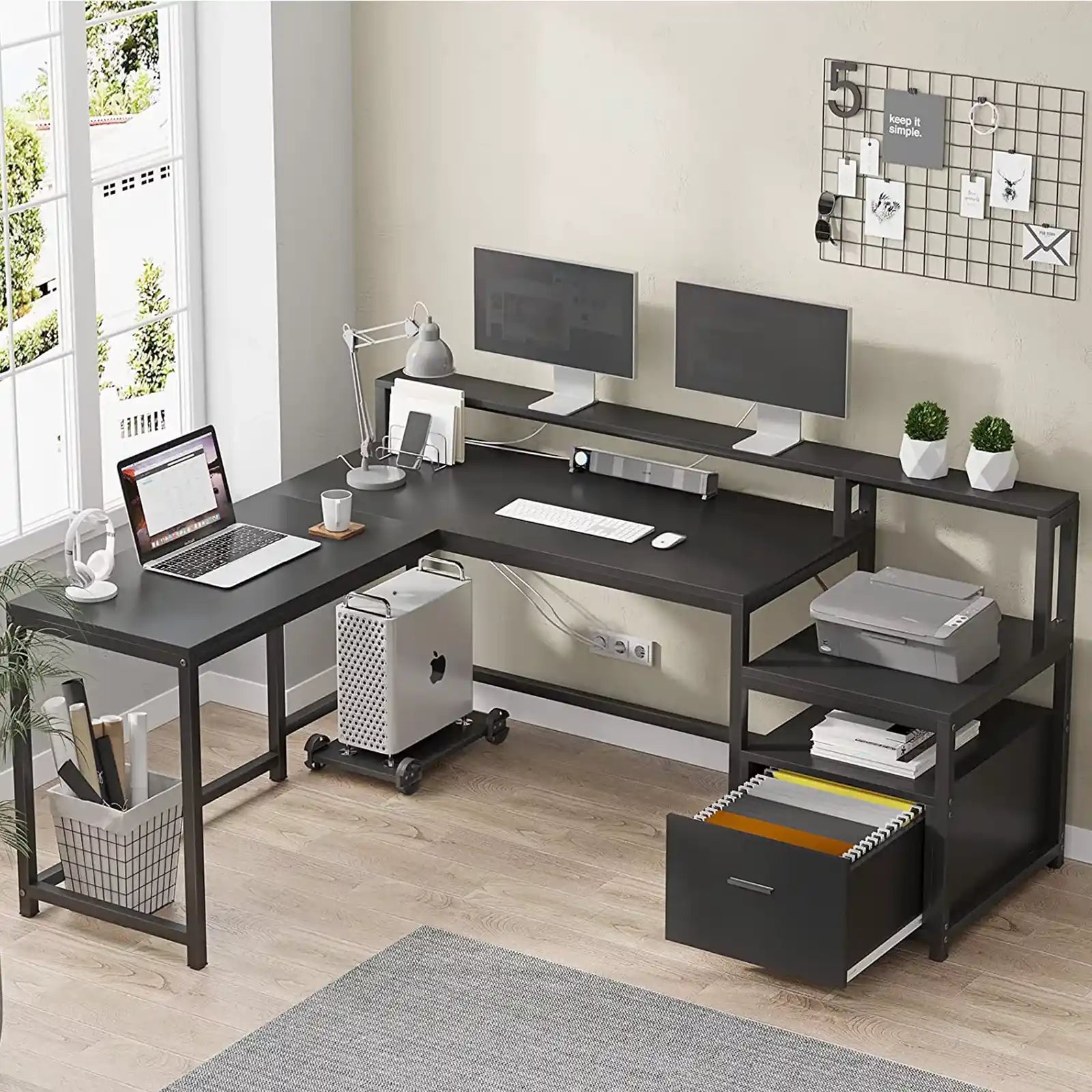 66'' Inch L Shape Computer Corner Desk with File Drawer