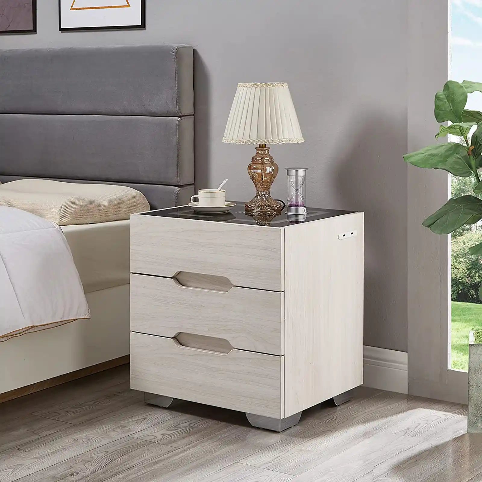 Nightstands Wireless Charging Station and LED Lights, Modern End Side Table with 3 Drawer Nightstand Storage Cabinet for Bedroom