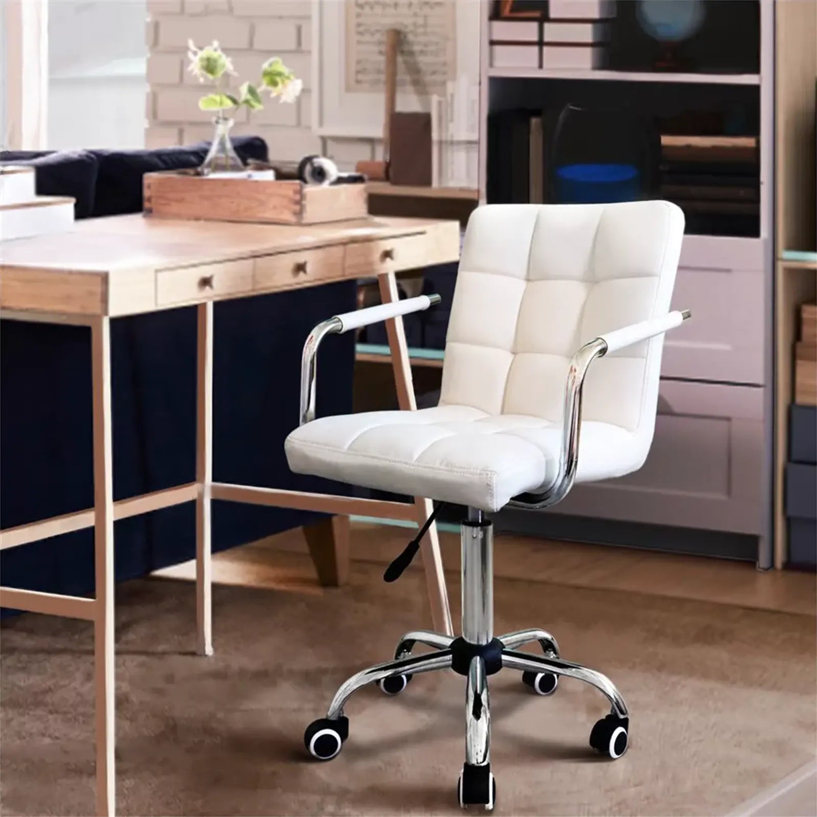Height Adjustable PU Leather Office Chair with 360° Swivel on Wheels