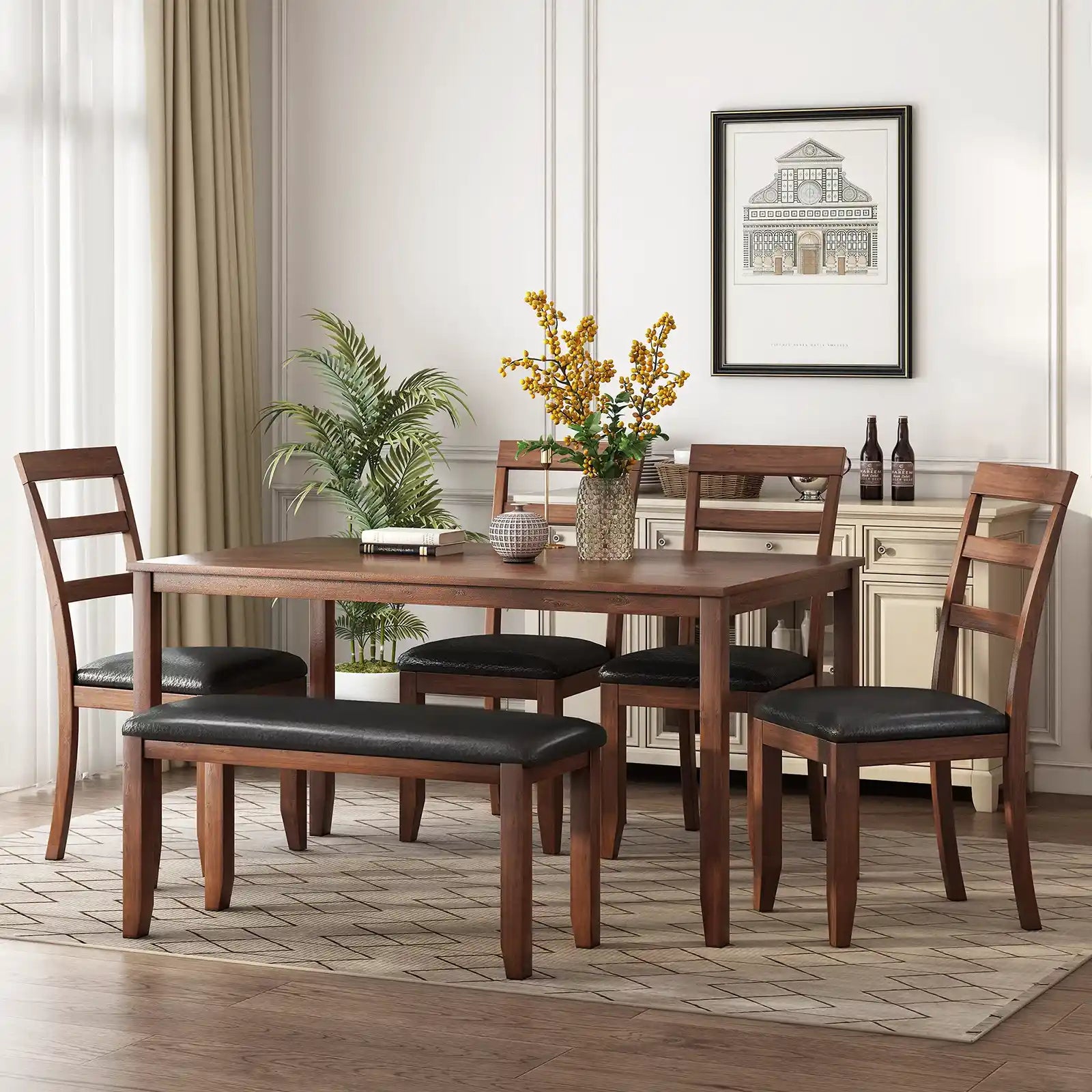 Dining Table Set for 6, Rustic Country Acacia Table Set with 4 Chairs and Bench