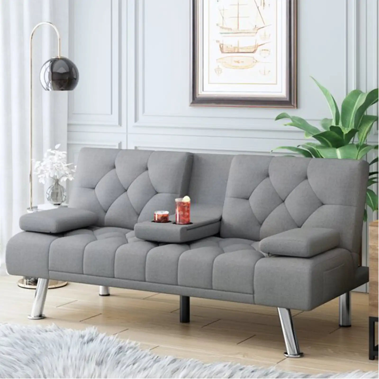 Upholstered Folding Sleeper Sofa with Removable Armrests, Couch for Small Space