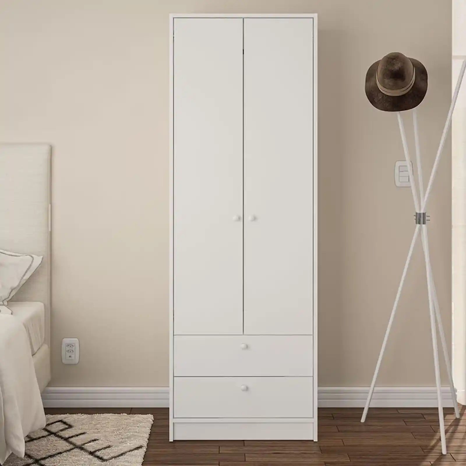 Organice su dormitorio con un armario de 2 puertas y 2 cajones | Acabado blanco elegante | Construcción duradera