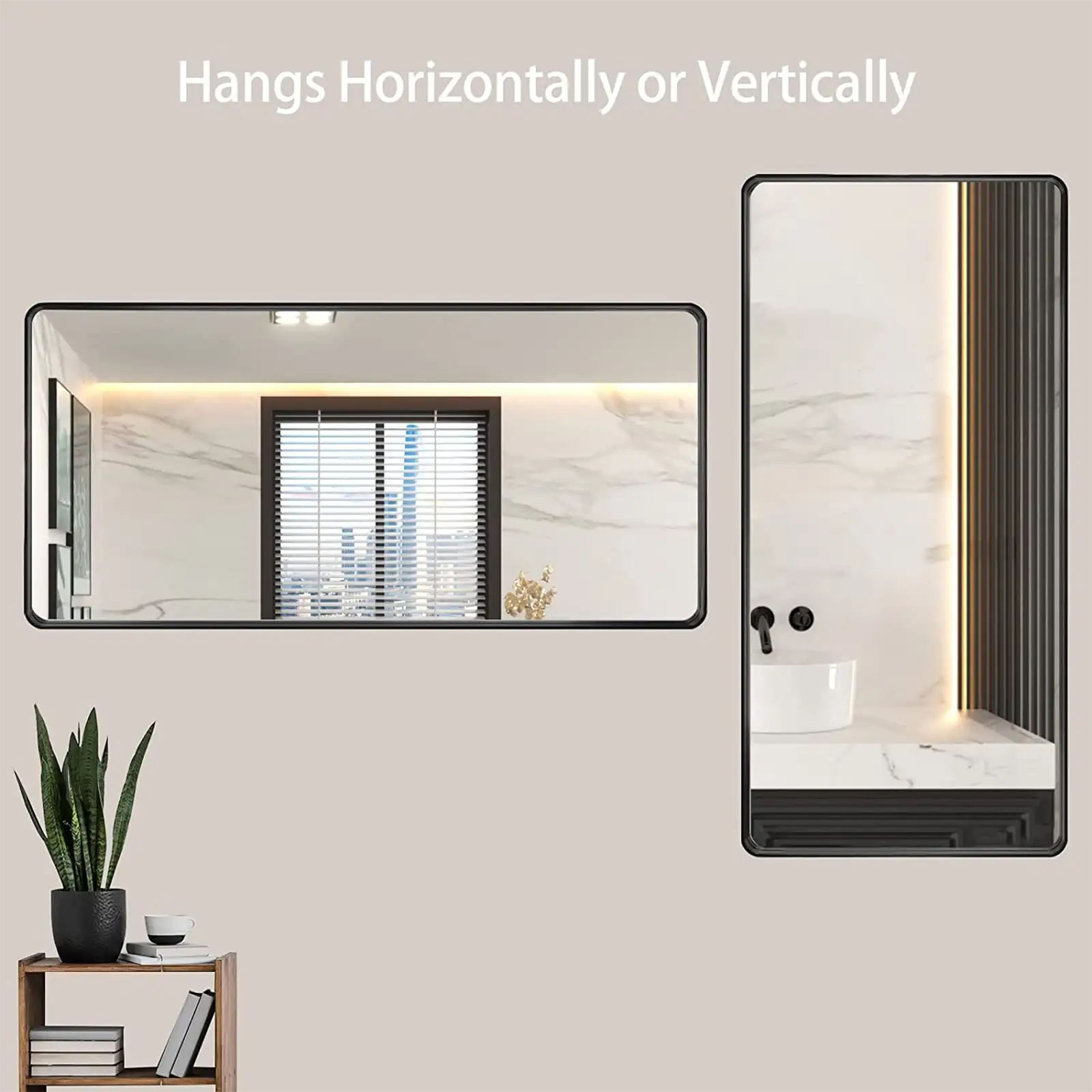 Black Metal Framed Bathroom Mirror for Wall, Matte Black Bathroom Vanity Mirror Farmhouse, Large Rounded Rectangle Mirror, Anti-Rust, Shatter-Proof, Hangs Horizontally or Vertically