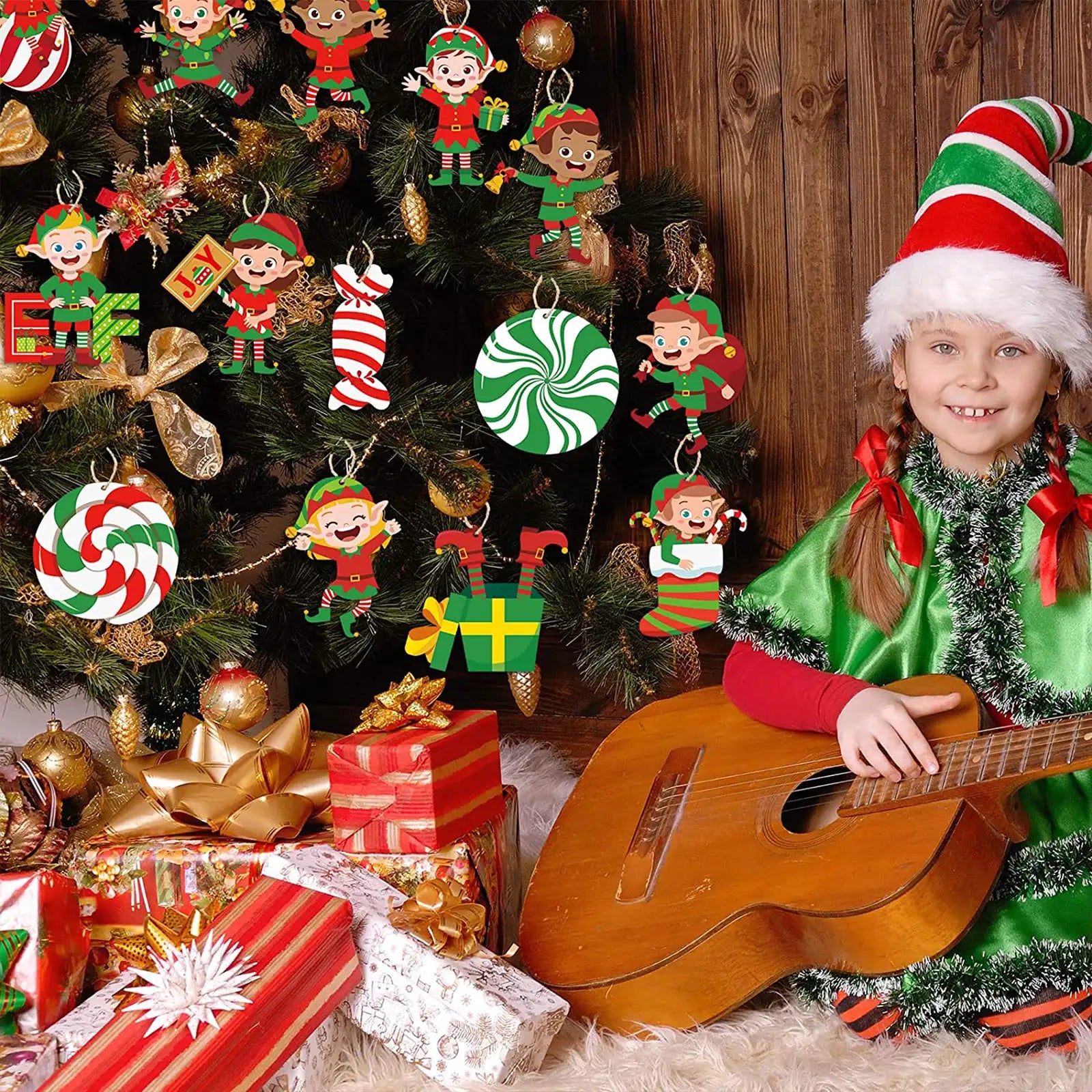 30 Pcs Elf Christmas Tree Ornaments Decoration Elf Wooden Hanging Ornaments