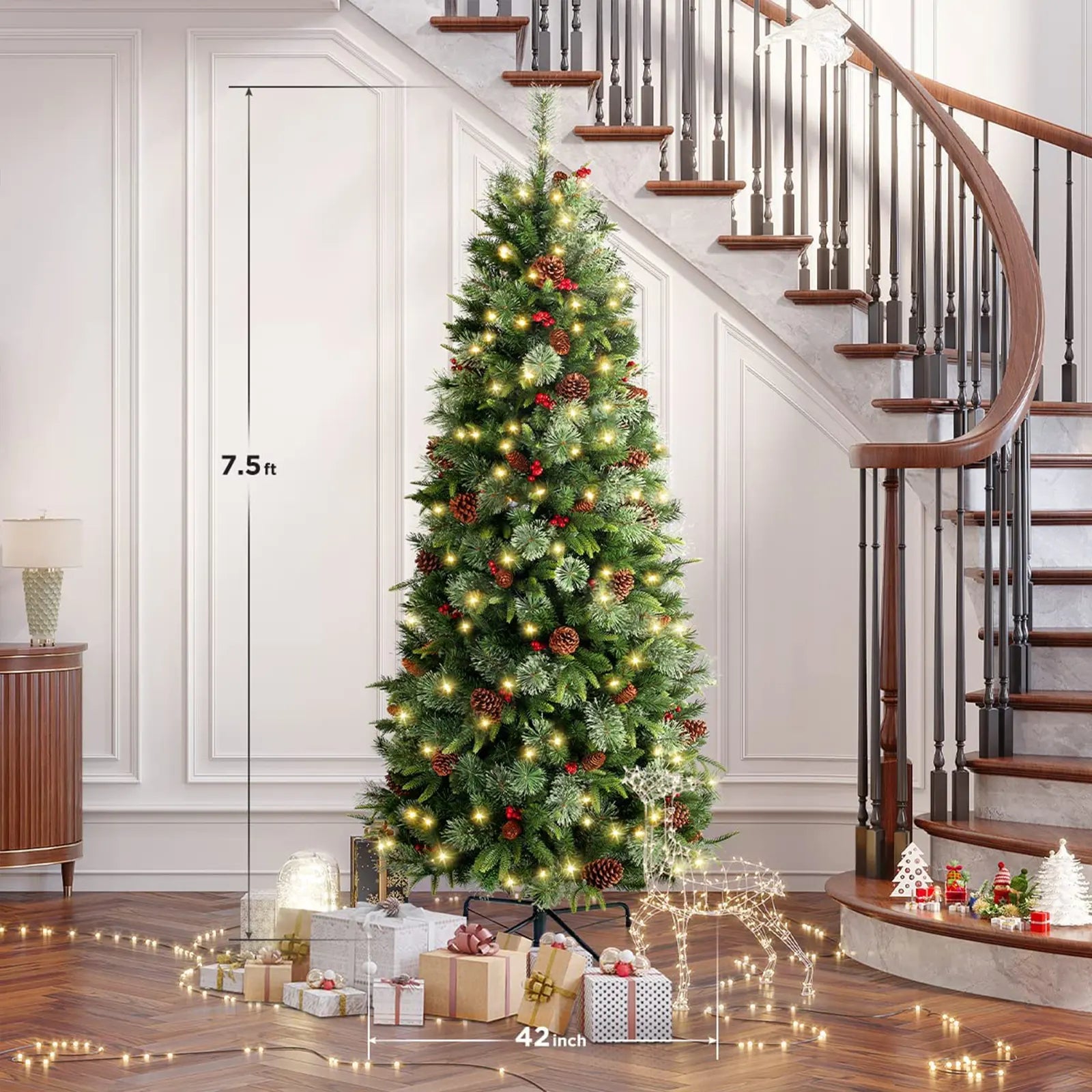 Christmas Tree, 7.5 ft or 9 ft Xmas Tree  with Light, Metal Stand, Cone and Berries