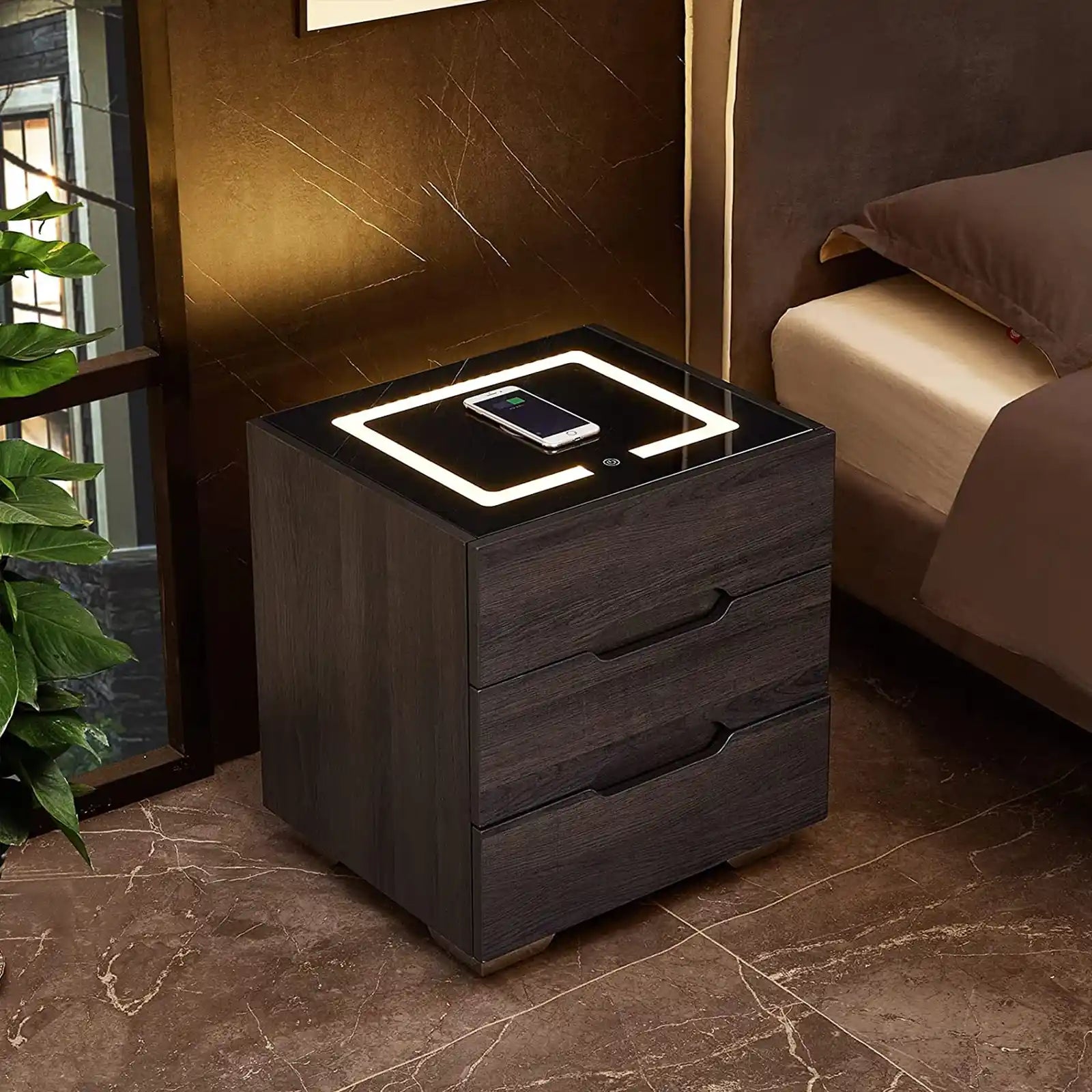 Black Nightstand with Charging Station, Night Stand with LED Lights, Modern  Led End Table Nightstand for Bedroom, Bedside Table with 2 Drawers, Bed