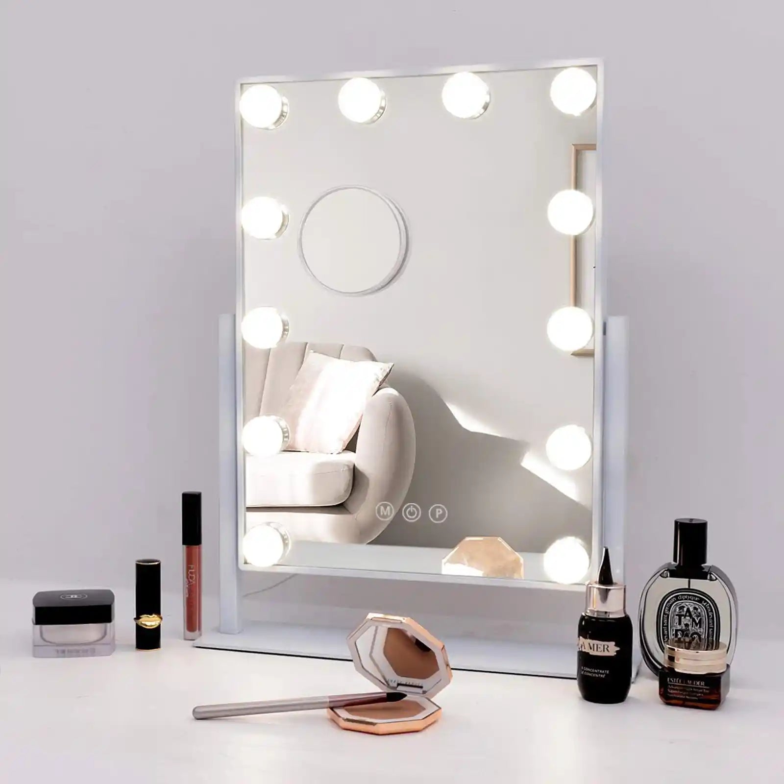 Espejo de maquillaje iluminado, espejo de tocador con luces, tablero de metal