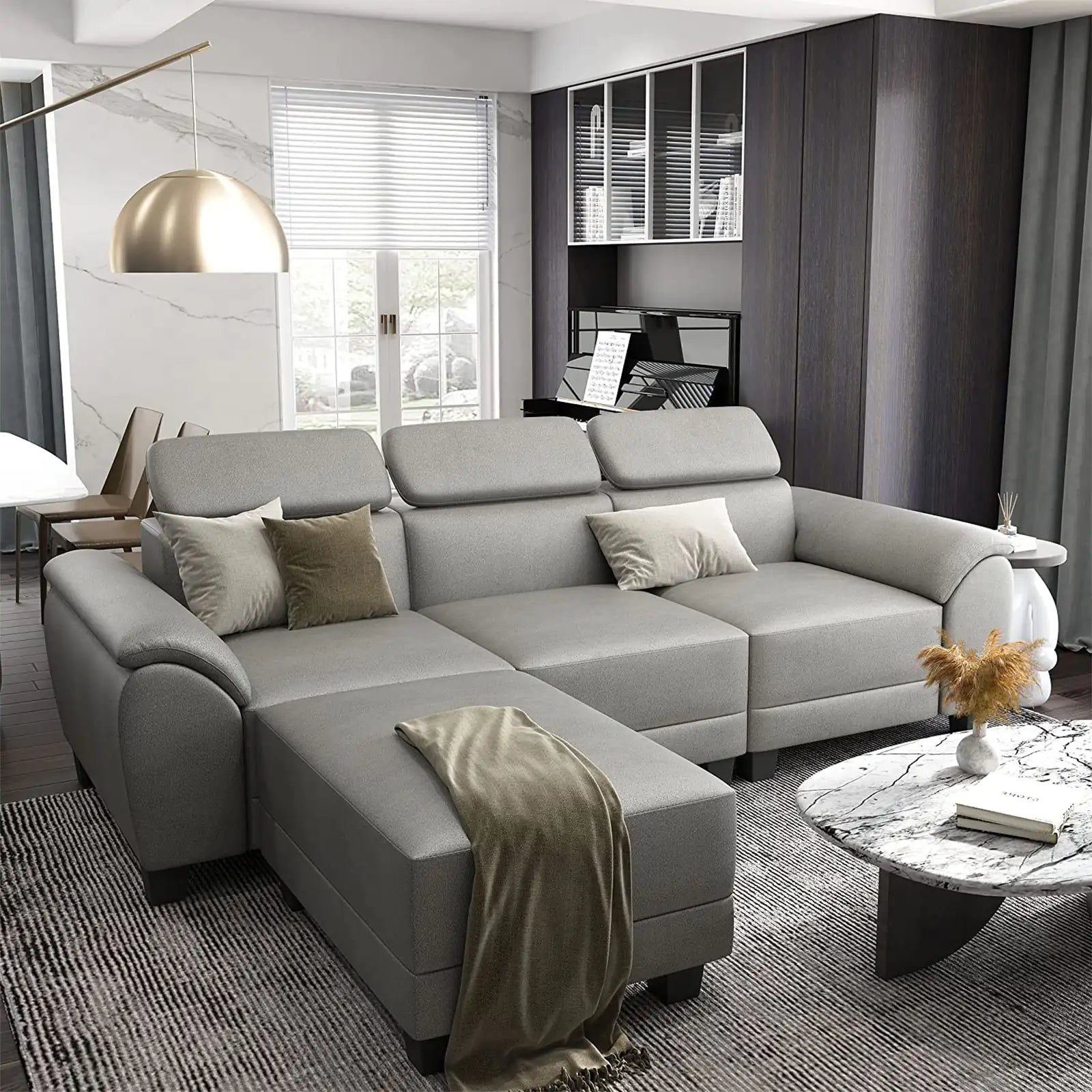 Convertible and Reversible Sectional Sofa with Chaise and Ottoman