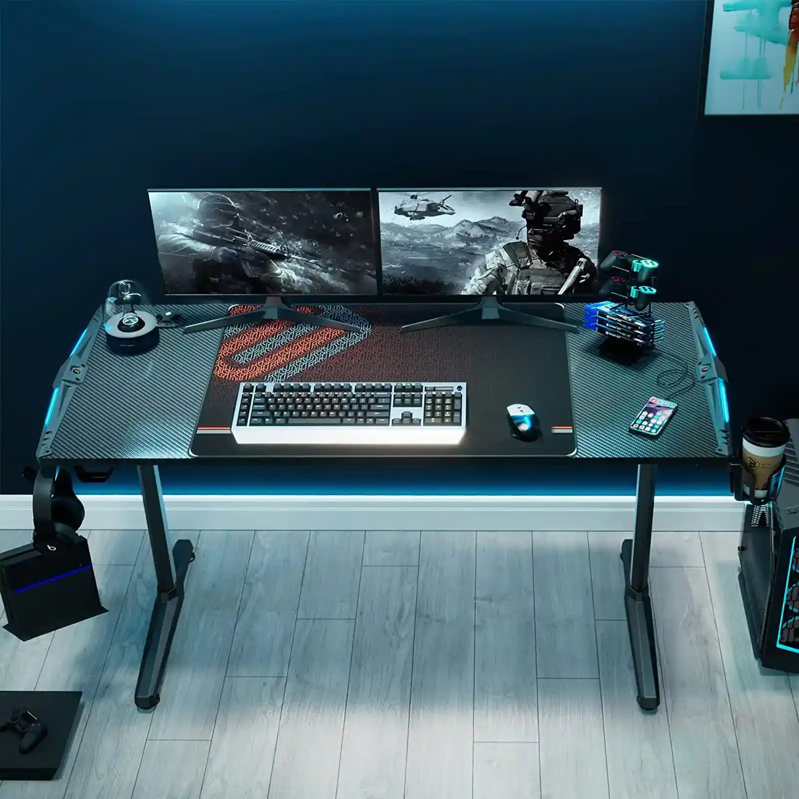 55 Inch Gaming Desk with Led Lights with Free Equipments