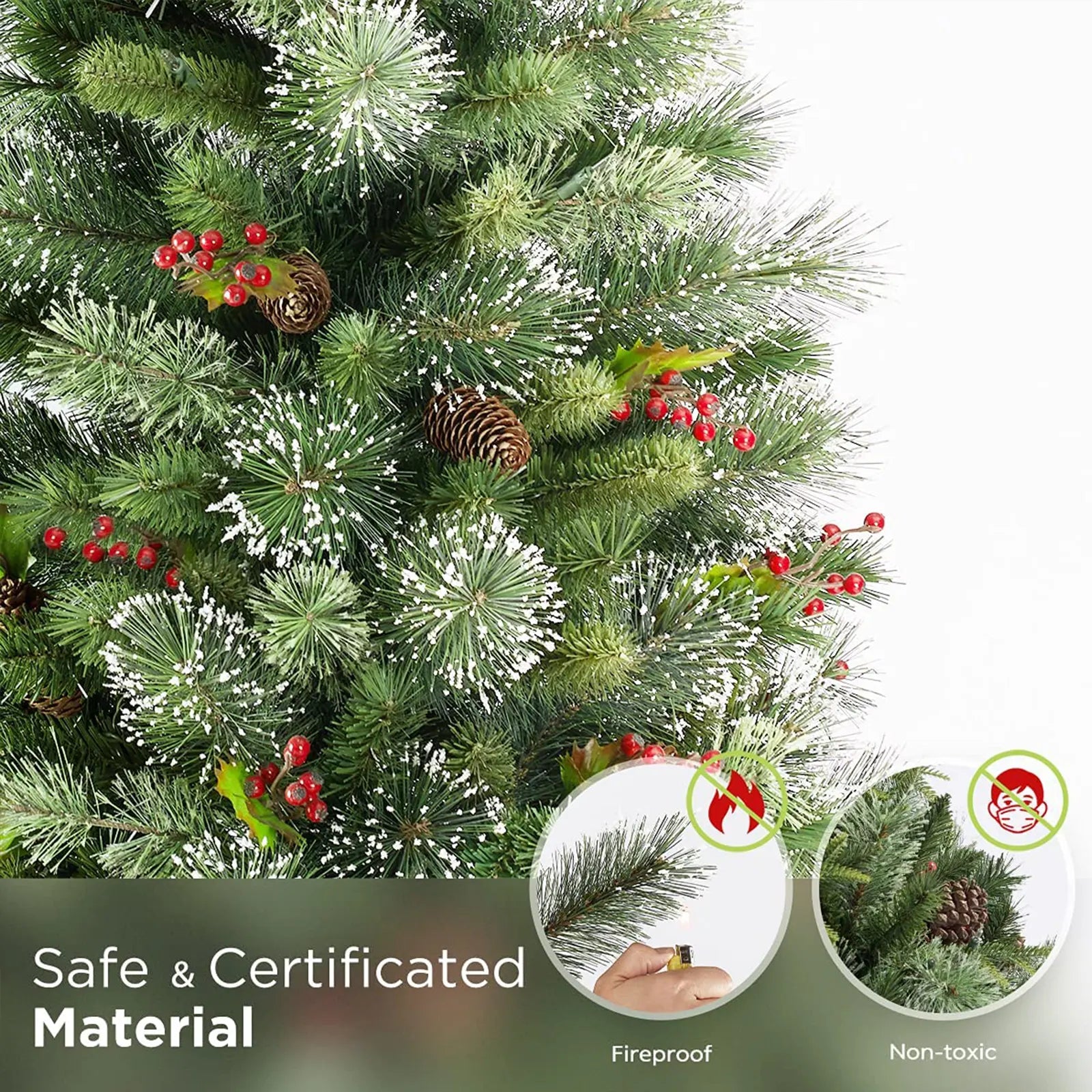 Pre-lit Snow Flocked Artificial Christmas Tree, 9ft Firework with Lights, Cone and Berries