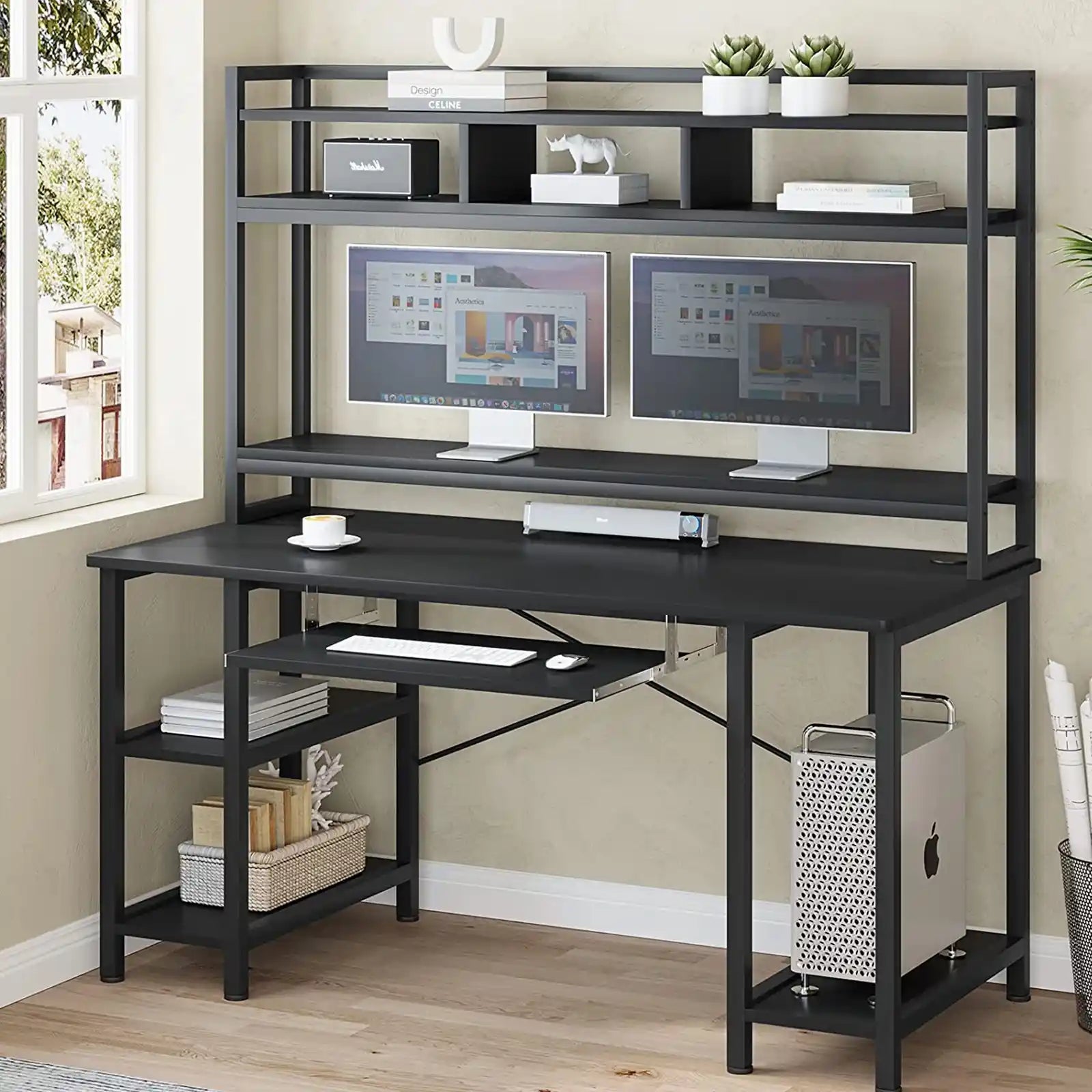 Home Office Desk with Adjustable Shelves and Storage, Bookshelf