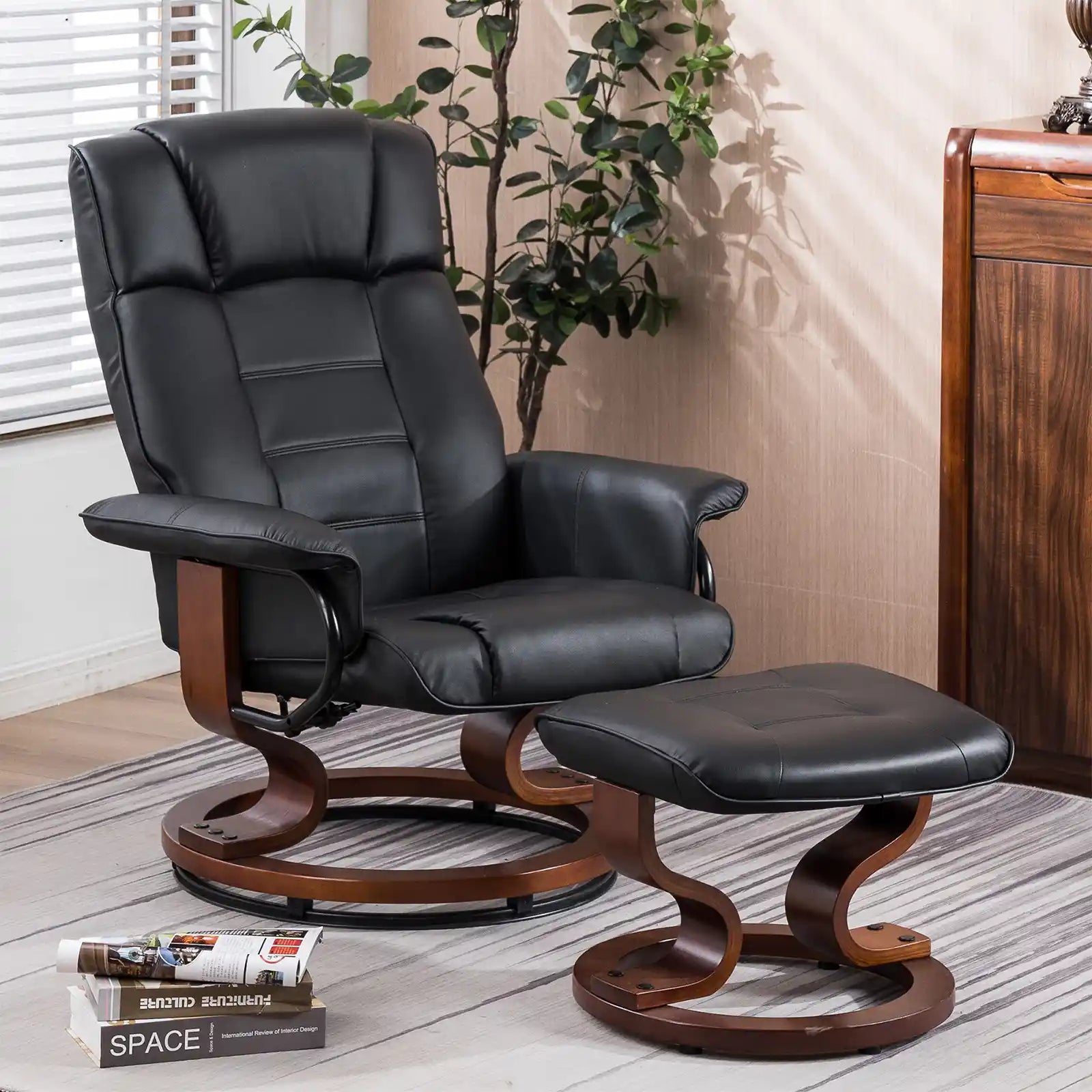 Recliner Arm Chair with Wrapped Wood Base and Ottoman Footrest