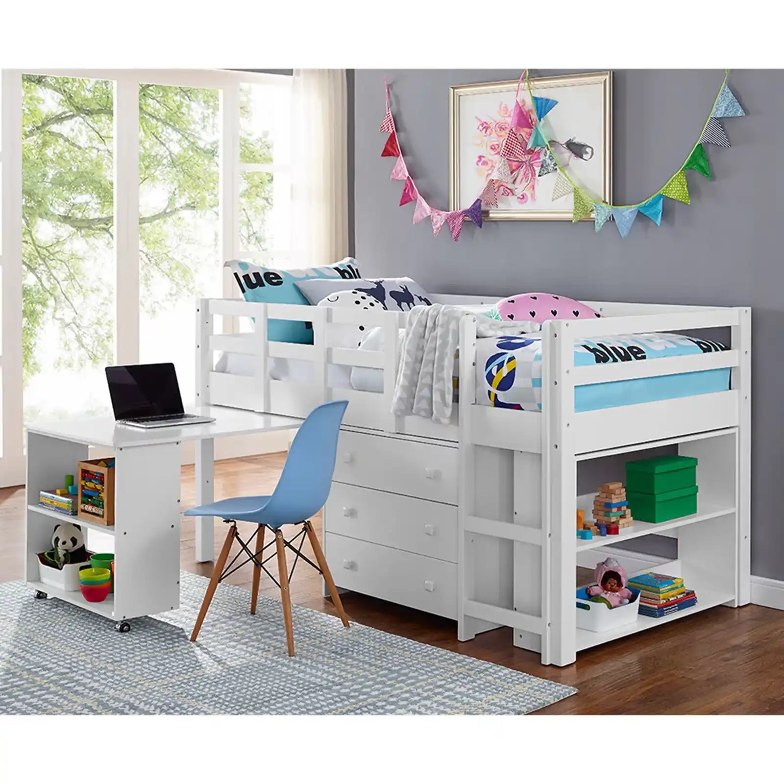 Twin Size Bed with Desk Low Study Kids Loft Bed with Desk and Storage Space