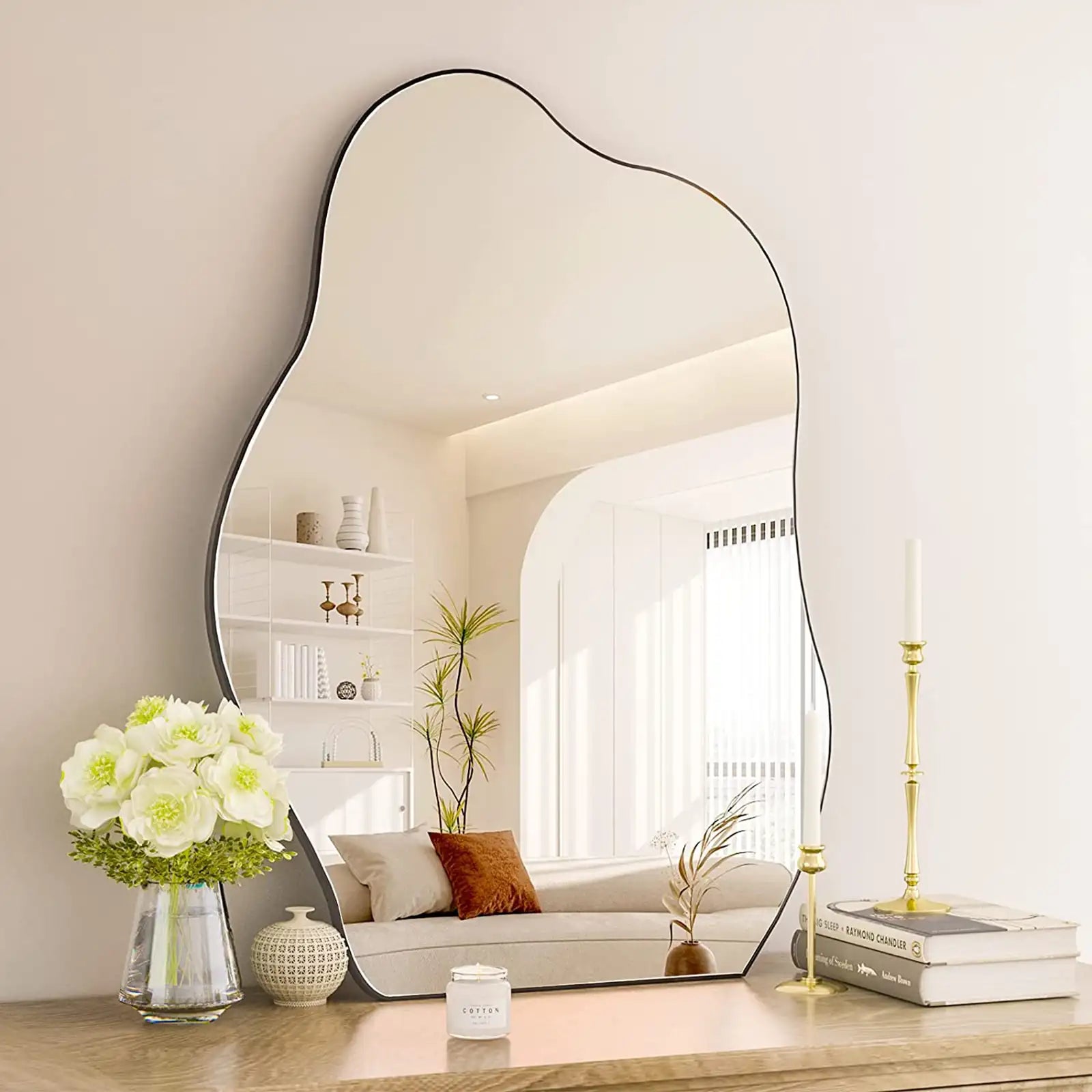Espejo de baño irregular de 26 x 40 pulgadas, espejo de pared moderno negro, espejos decorativos asimétricos con marco de madera para dormitorio, sala de estar, entrada 