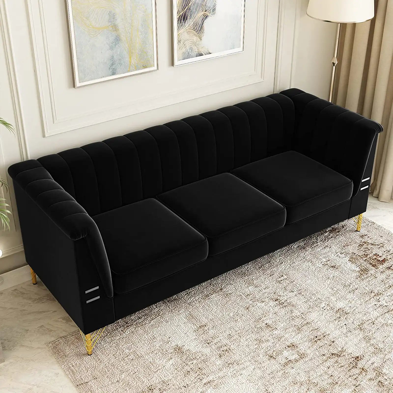 Velvet Sectional Sofa,3-Seater Couch with Soft Seat Metal Legs for Bedroom,Office,Apartment,Living Room
