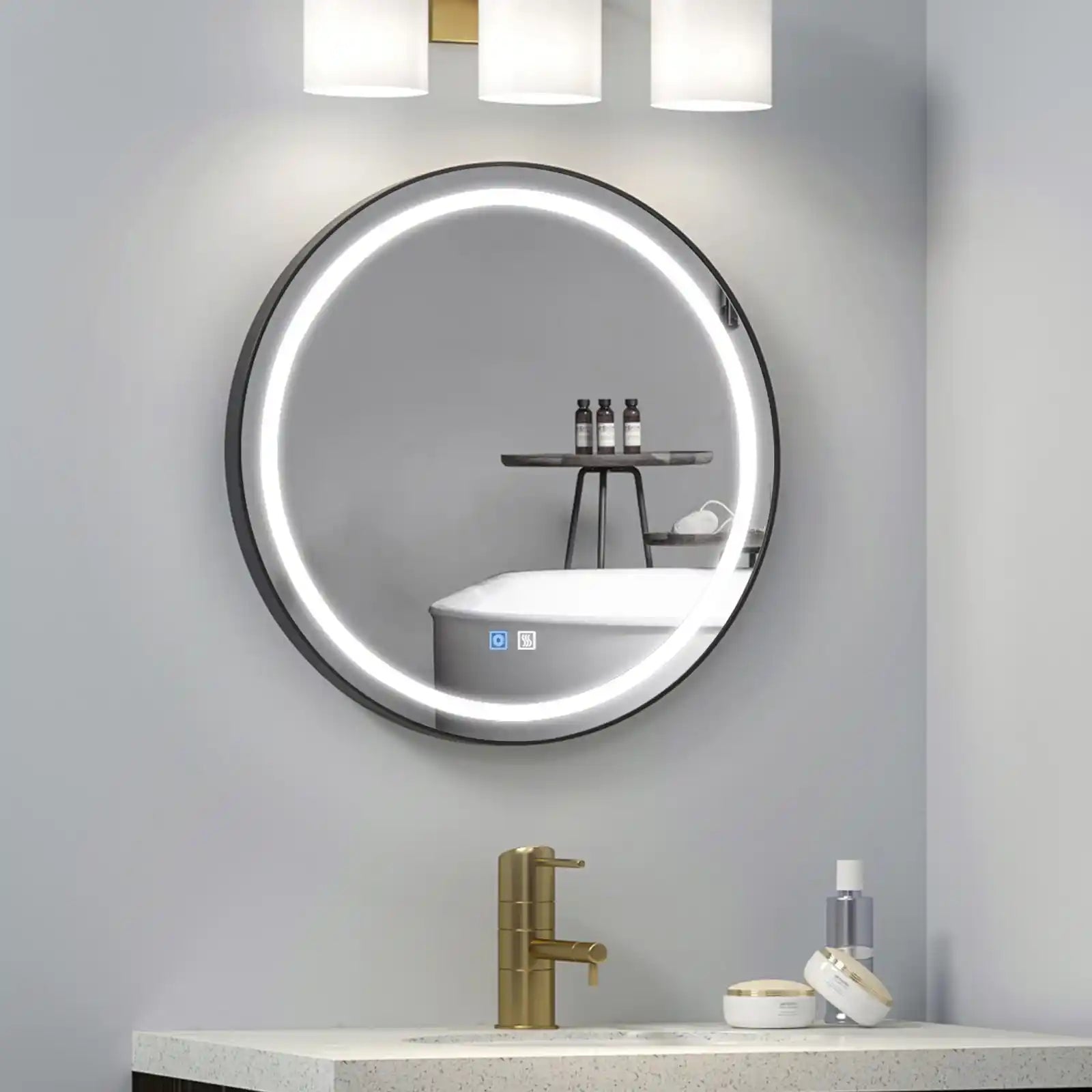 Comtemporary Led Round Black Bathroom Vanity Wall Mirror with Voice Control