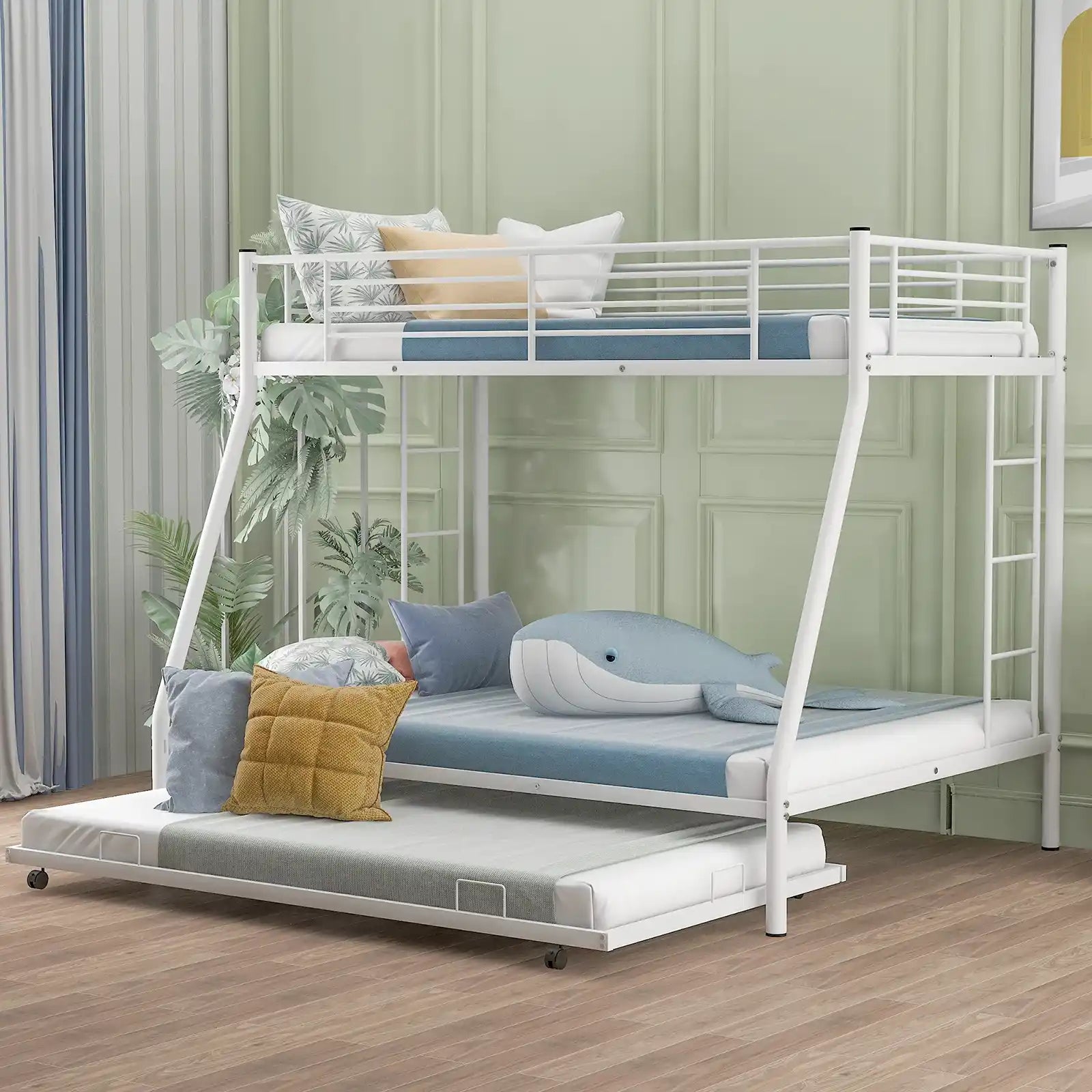 Steel Twin over Full Bunk Bed with Trundle & Ladders