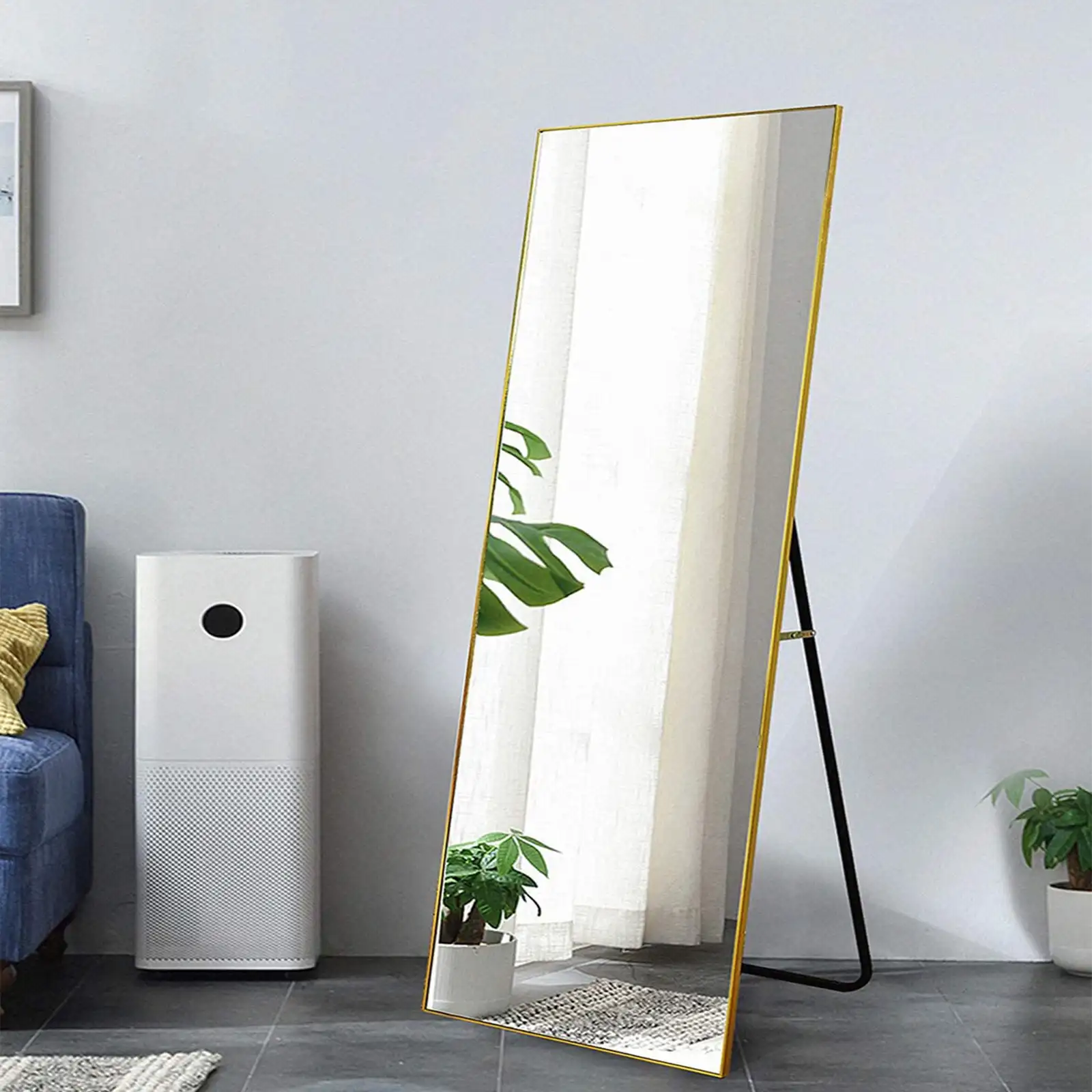 Espejo de pared de 3 colores, espejo de piso, espejo de pared, espejo rectangular con marco de metal, espejo de tocador grande, cuelga verticalmente, dorado, plateado, negro 