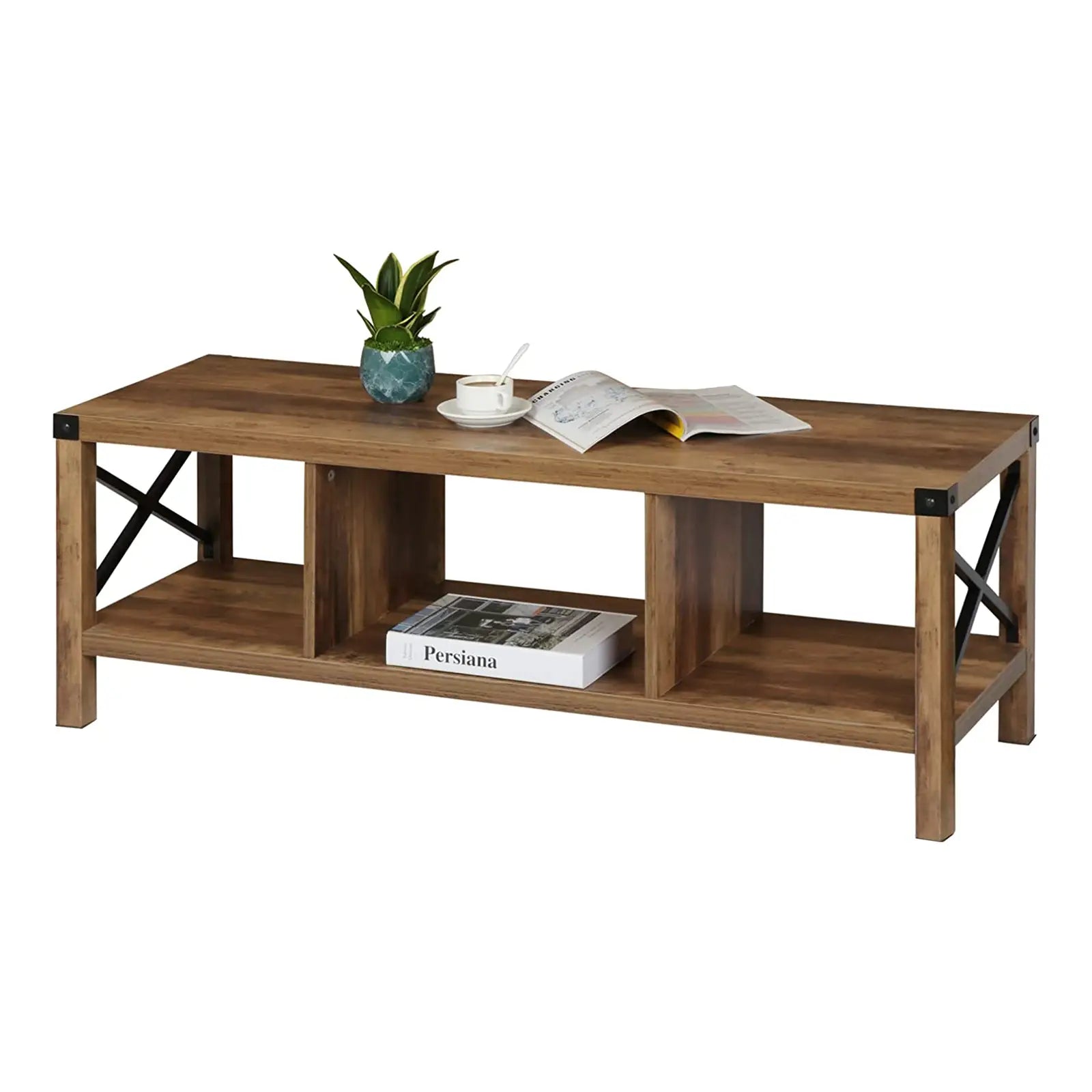 Farmhouse Wooden Coffee Table with Open Storage Shelves