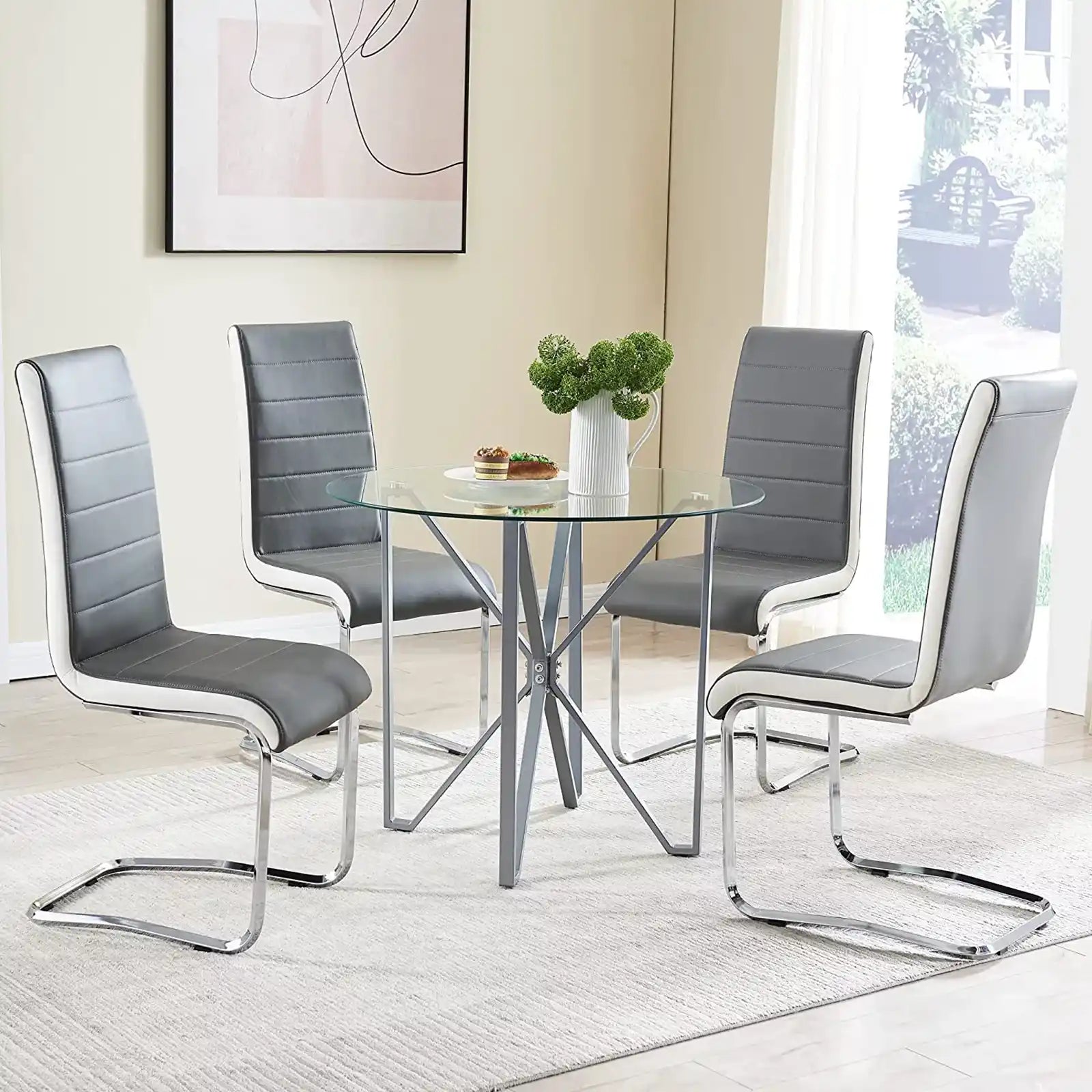 Tempered Glass Kitchen Table with 4 White Faux Leather Dining Chairs