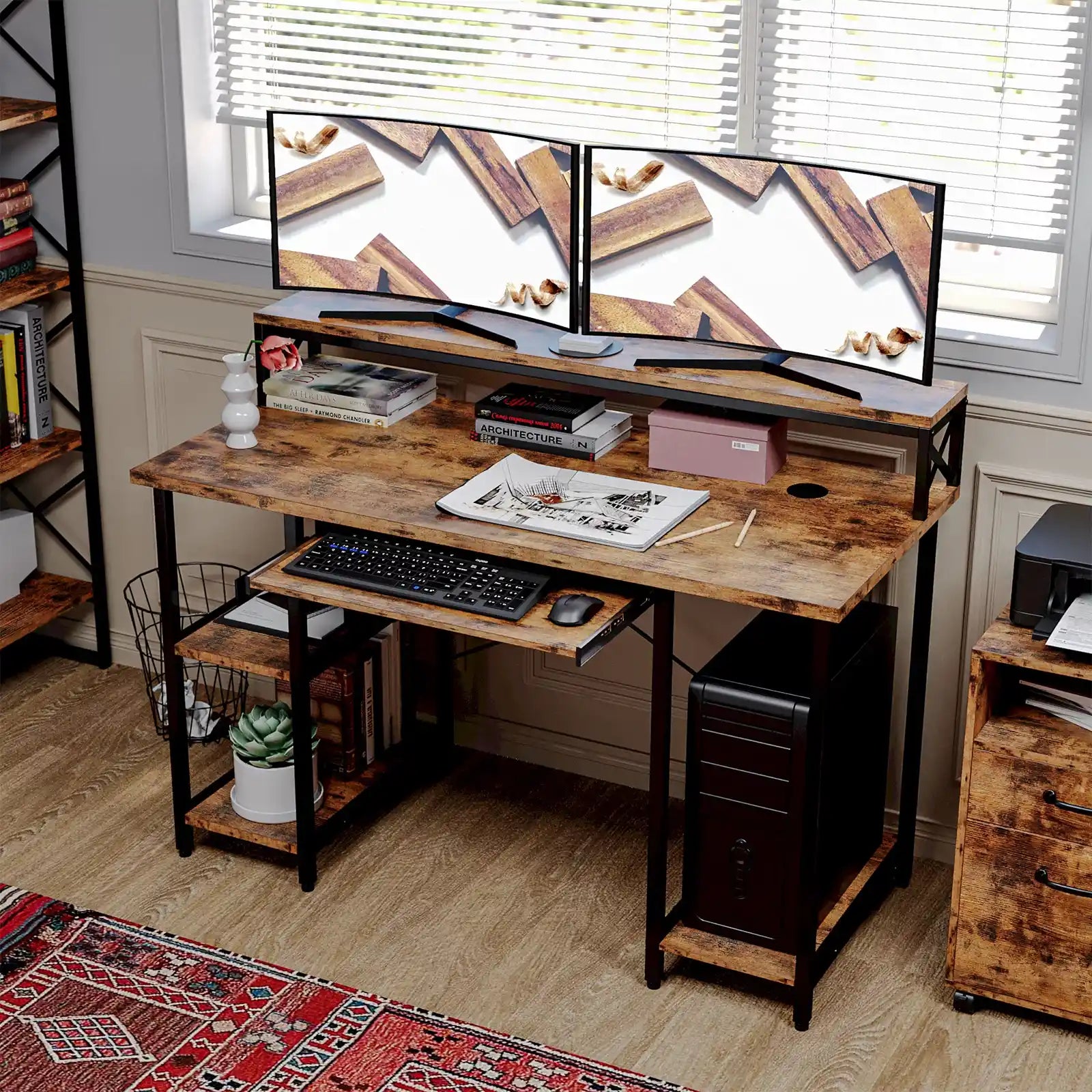 Modern Computer Desk 47" or 55" with Monitor Stand Storage Shelf