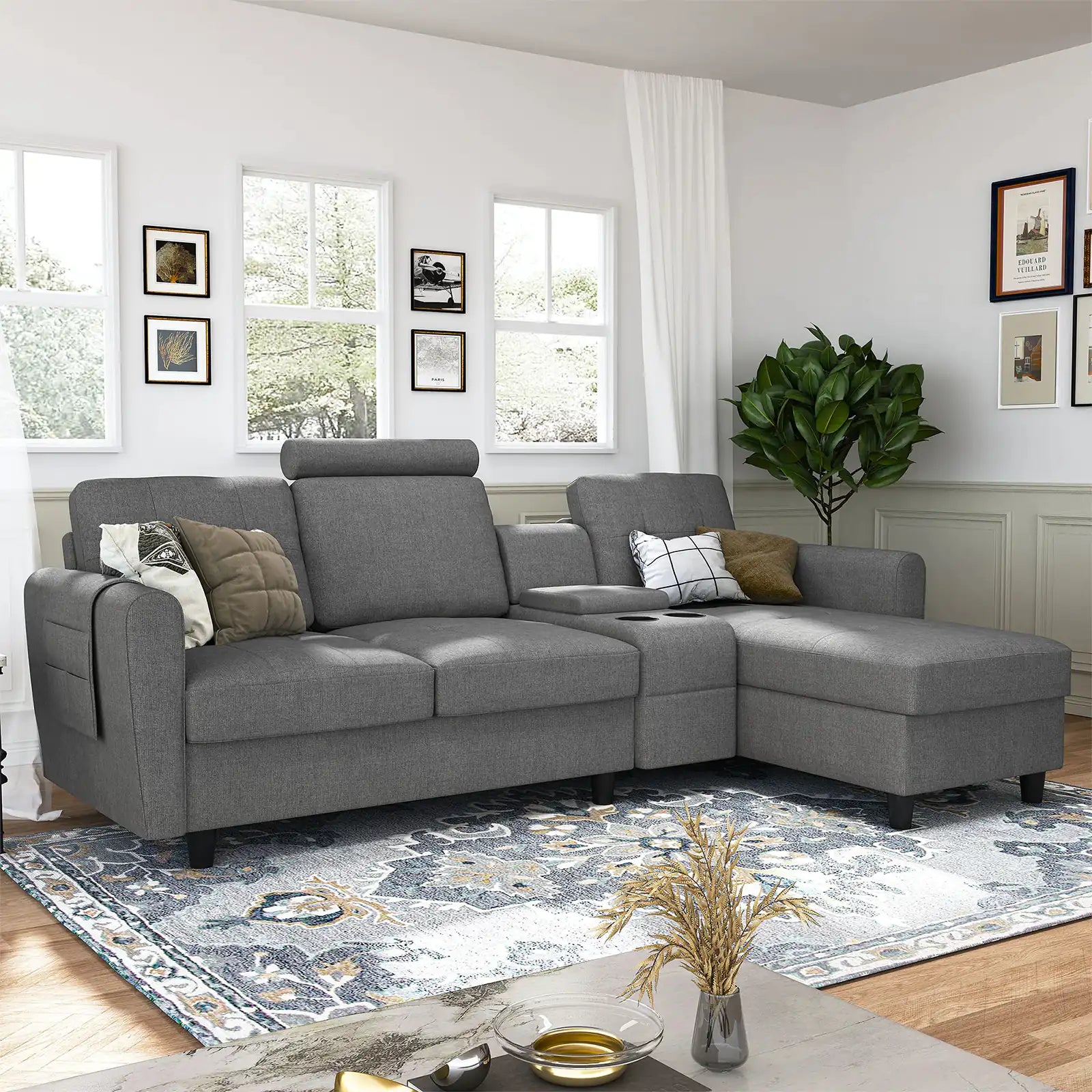 Tufted Fabric Sectional Sofa with Storage Console & Reversible Chaise