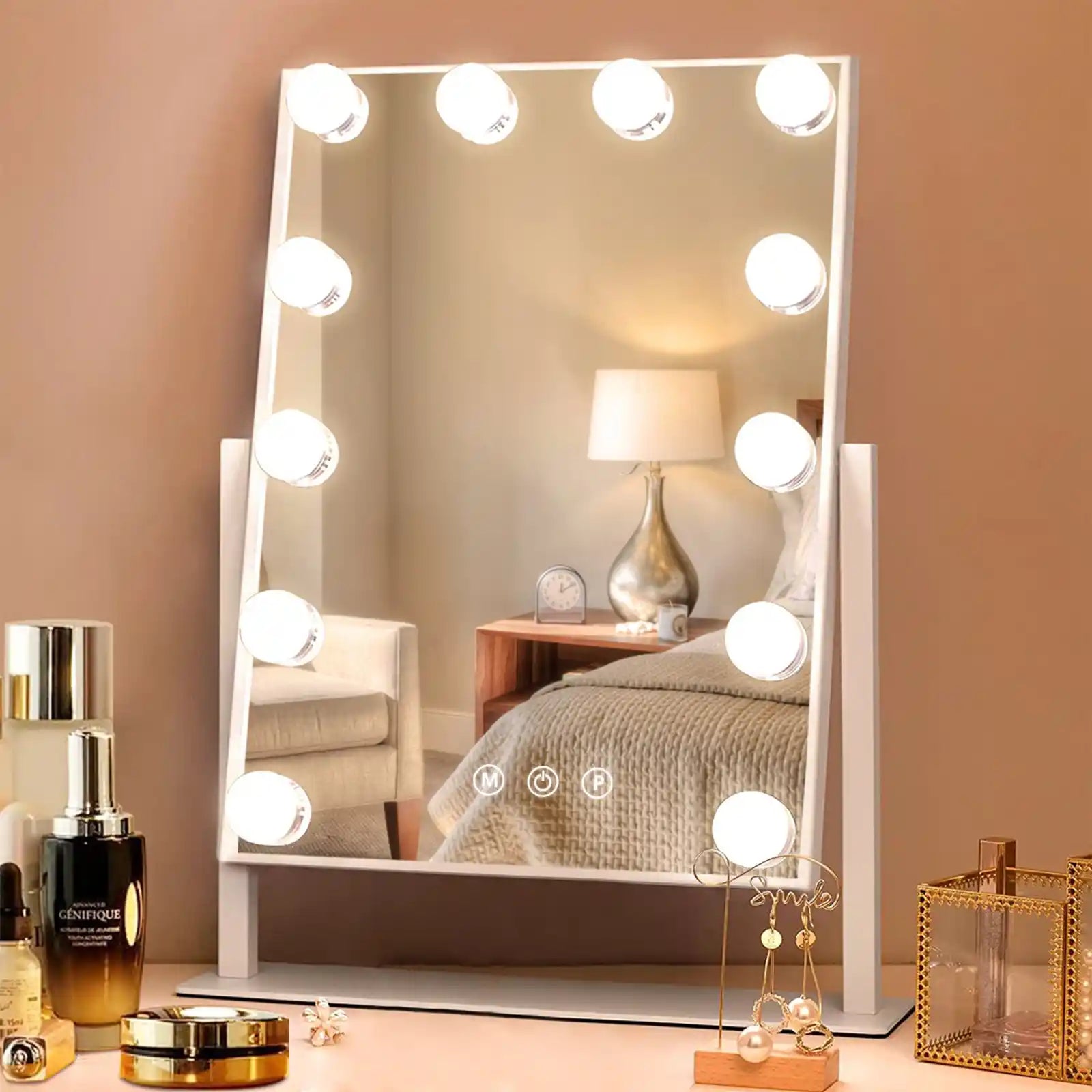 Espejo de maquillaje iluminado, espejo de tocador con luces, tablero de metal
