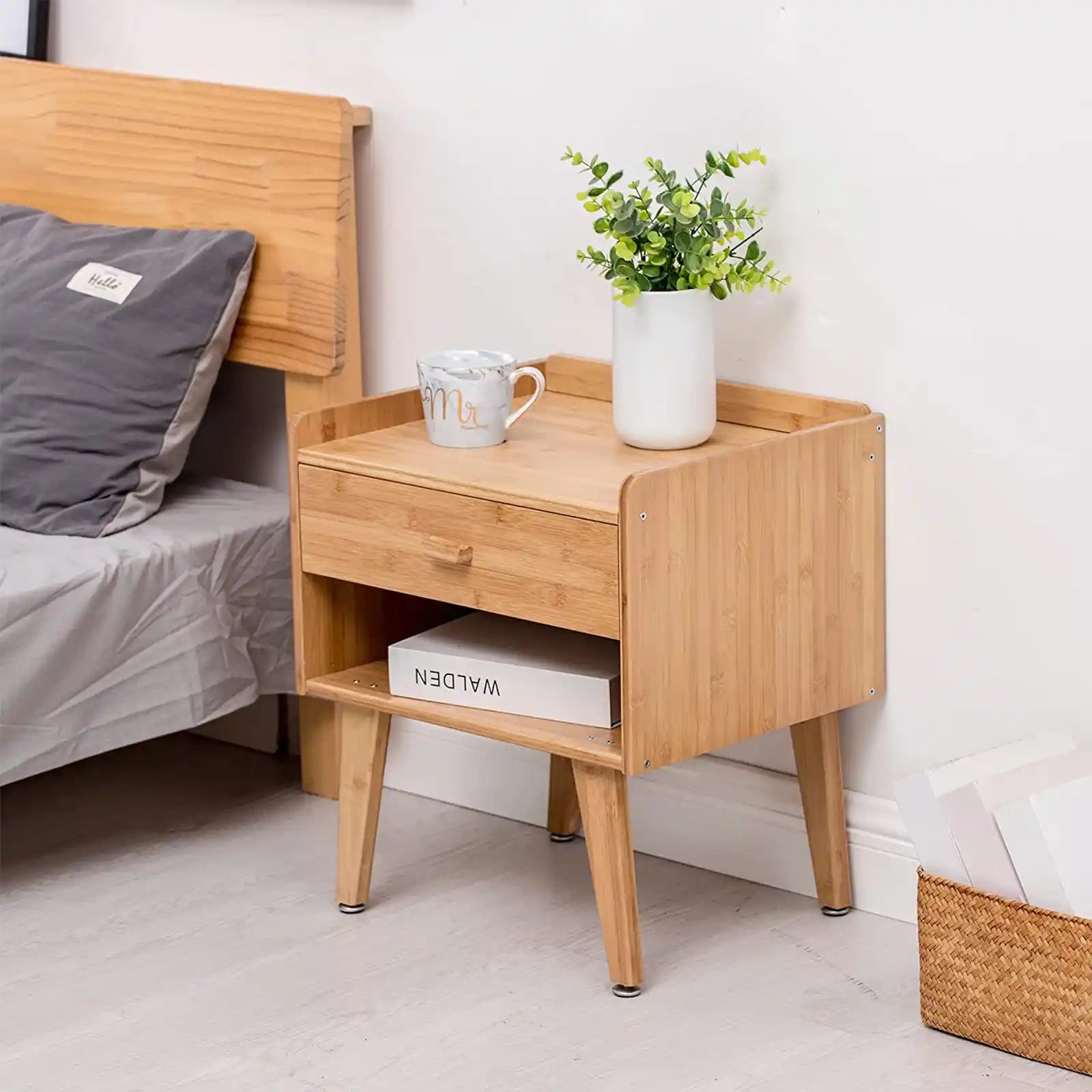 Nightstand Bamboo End Table with Storage Drawer and Open Shelf