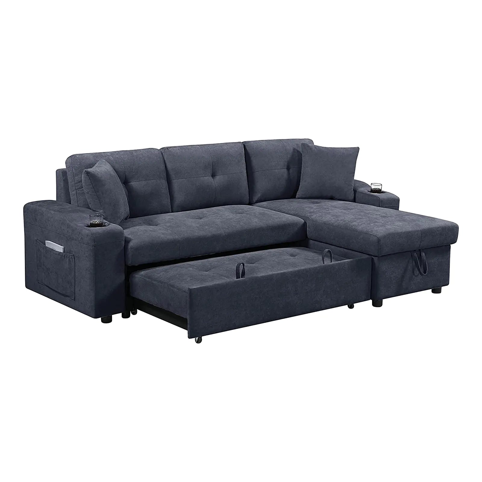 Modern Velvet Sectional Convertible with 2 Cupholders and Two Side Pockets