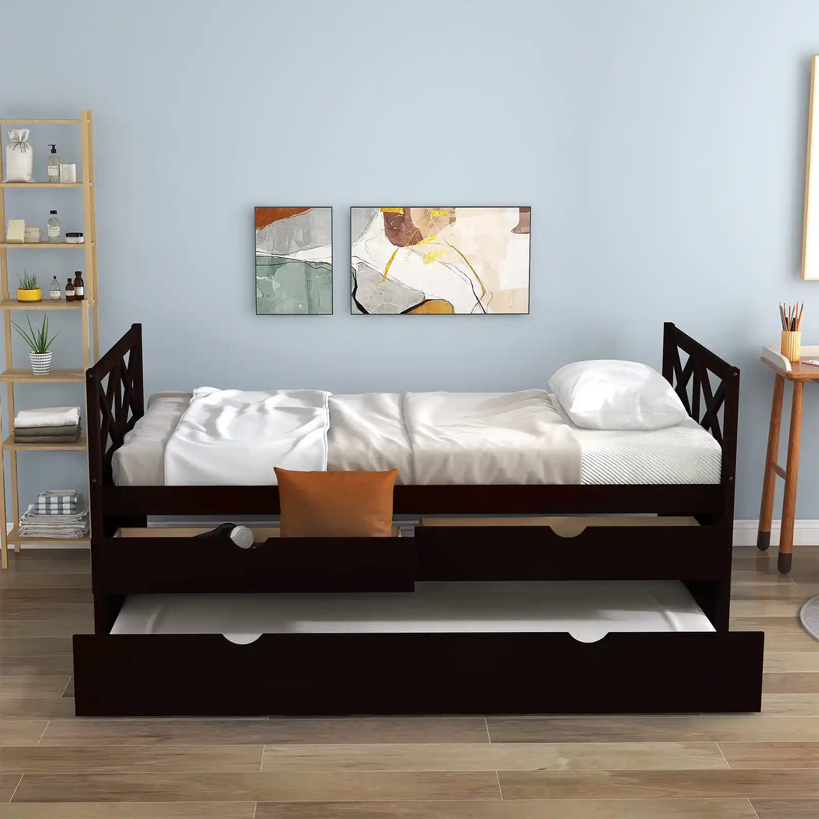 Twin Wood Captain Bed with Trundle and Drawers
