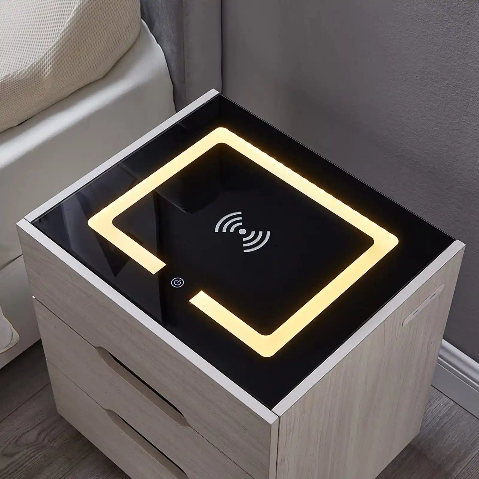 Nightstands Wireless Charging Station and LED Lights, Modern End Side Table with 3 Drawer Nightstand Storage Cabinet for Bedroom