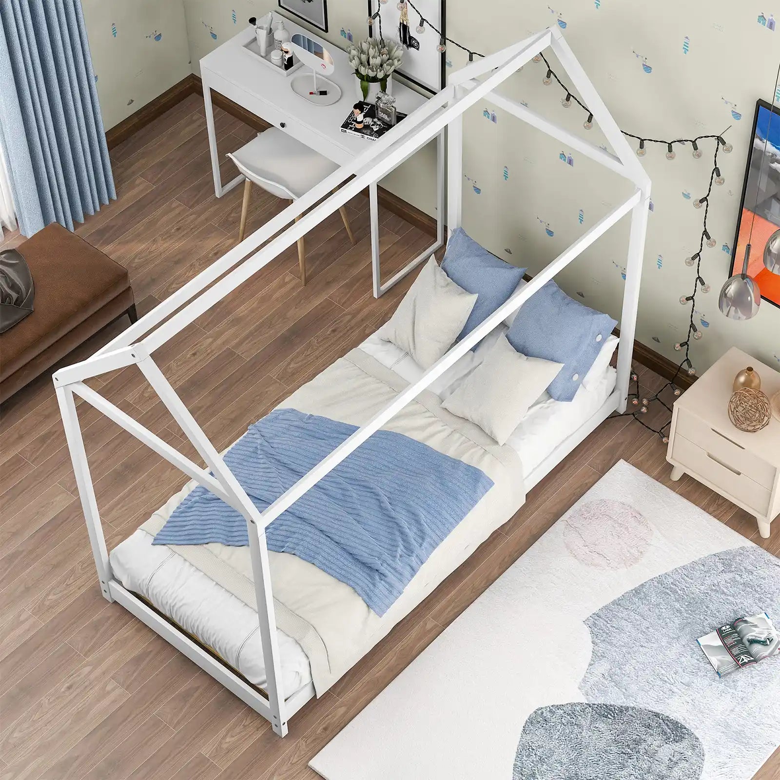 Twin Wood House Bed Frame with Roof for Toddler Kids
