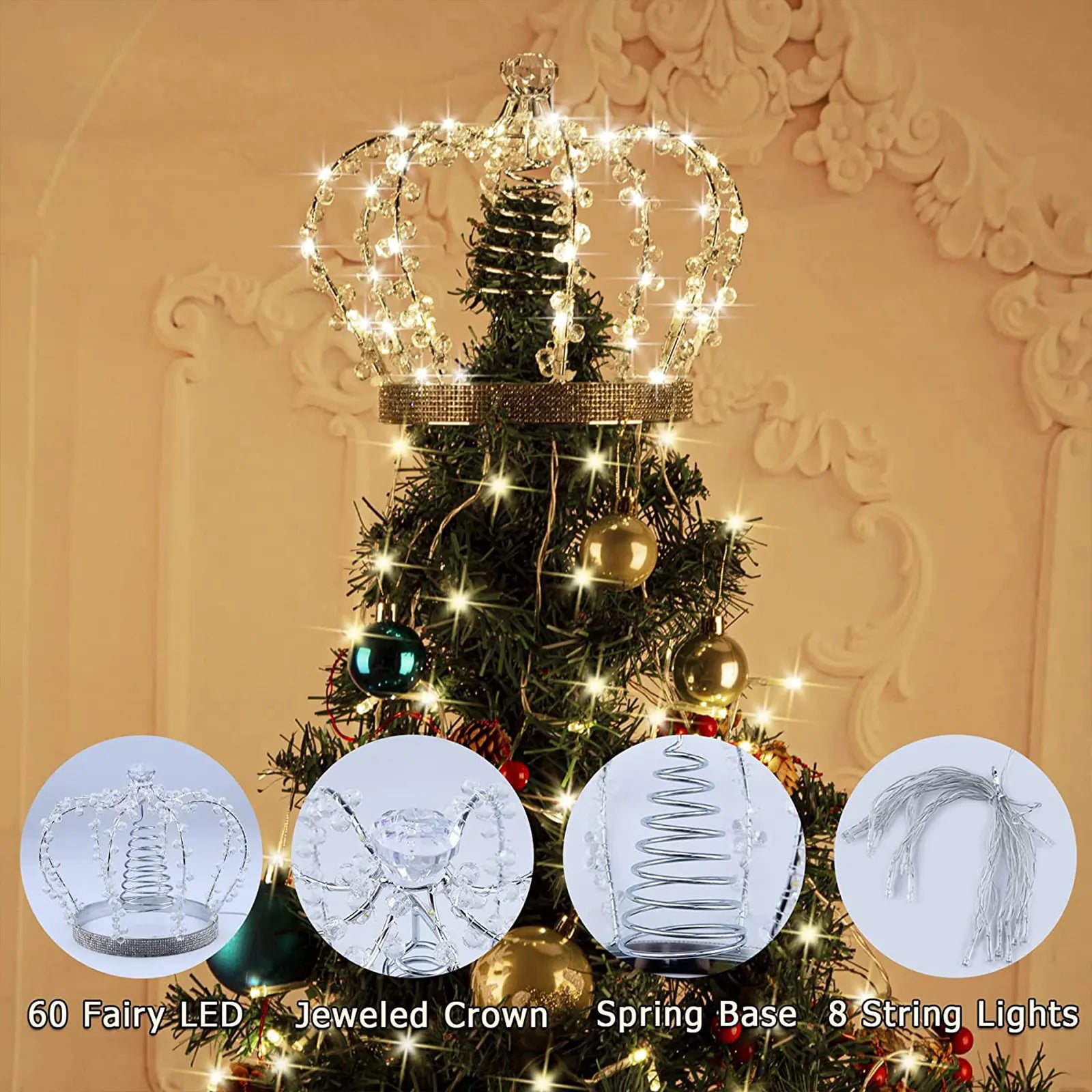 Christmas Tree Topper Star Jeweled Crown Tree Topper with 60 Warm White LED and 8 Light Strip