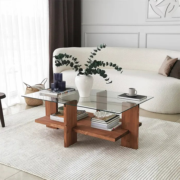 Large Unbreakable Glass Coffee Table with Solid Wood Legs, Walnut Wooden End, Side Accent Table, Unique Low Center Table, Tempered Glass Top