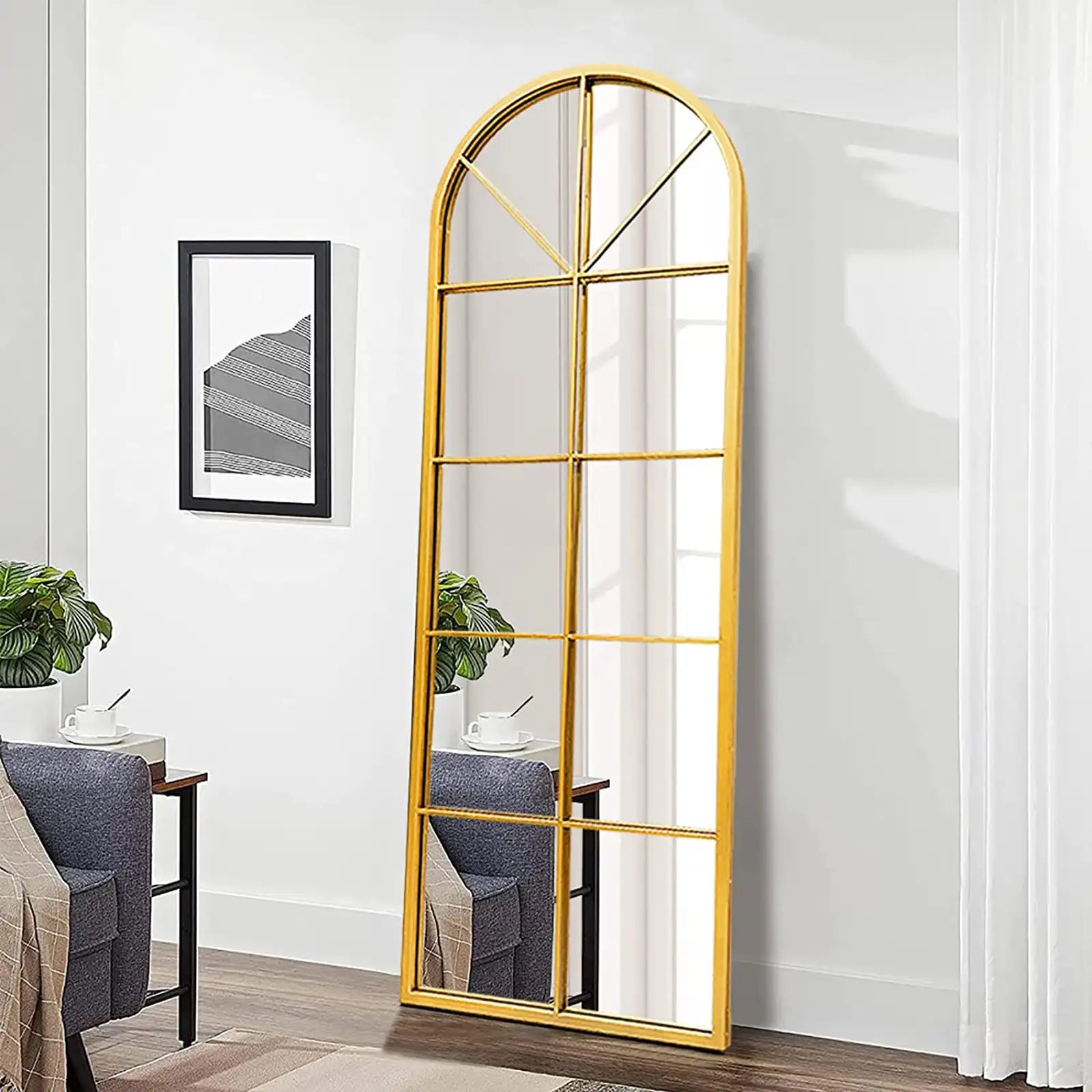 Floor Full Length Mirror, Gold Arched-Top Mirror Full Length, Large Windows Pane Mirror, Wall Mounted Mirror, 65"x22" Standing Mirror Hanging or Leaning, Body Mirrors for Bedroom, No Stand