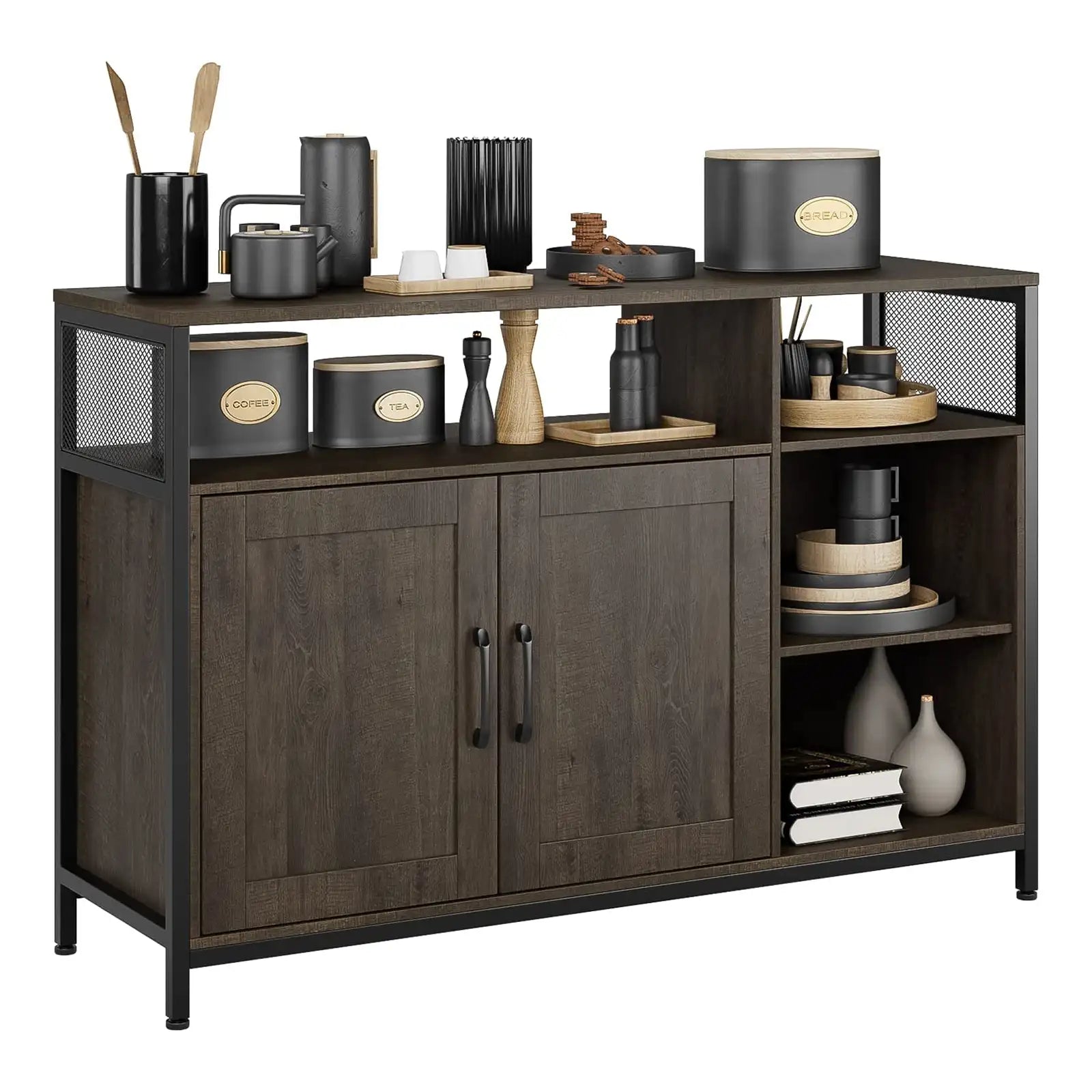 Industrial Wood Floor Storage Cabinet with Doors and Shelves