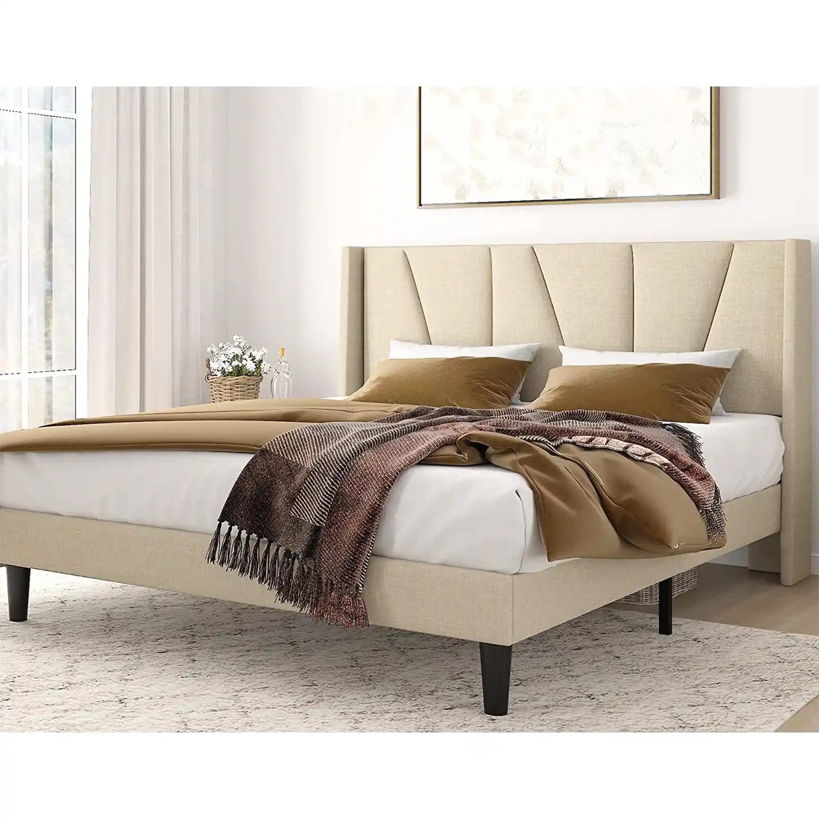 Upholstered Platform Bed Frame with Wingback & Geometric Headboard