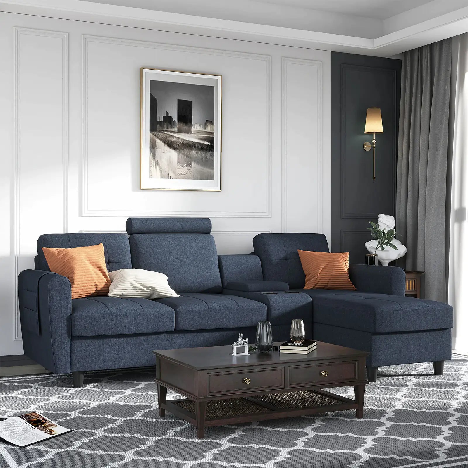 Tufted Fabric Sectional Sofa with Storage Console & Reversible Chaise