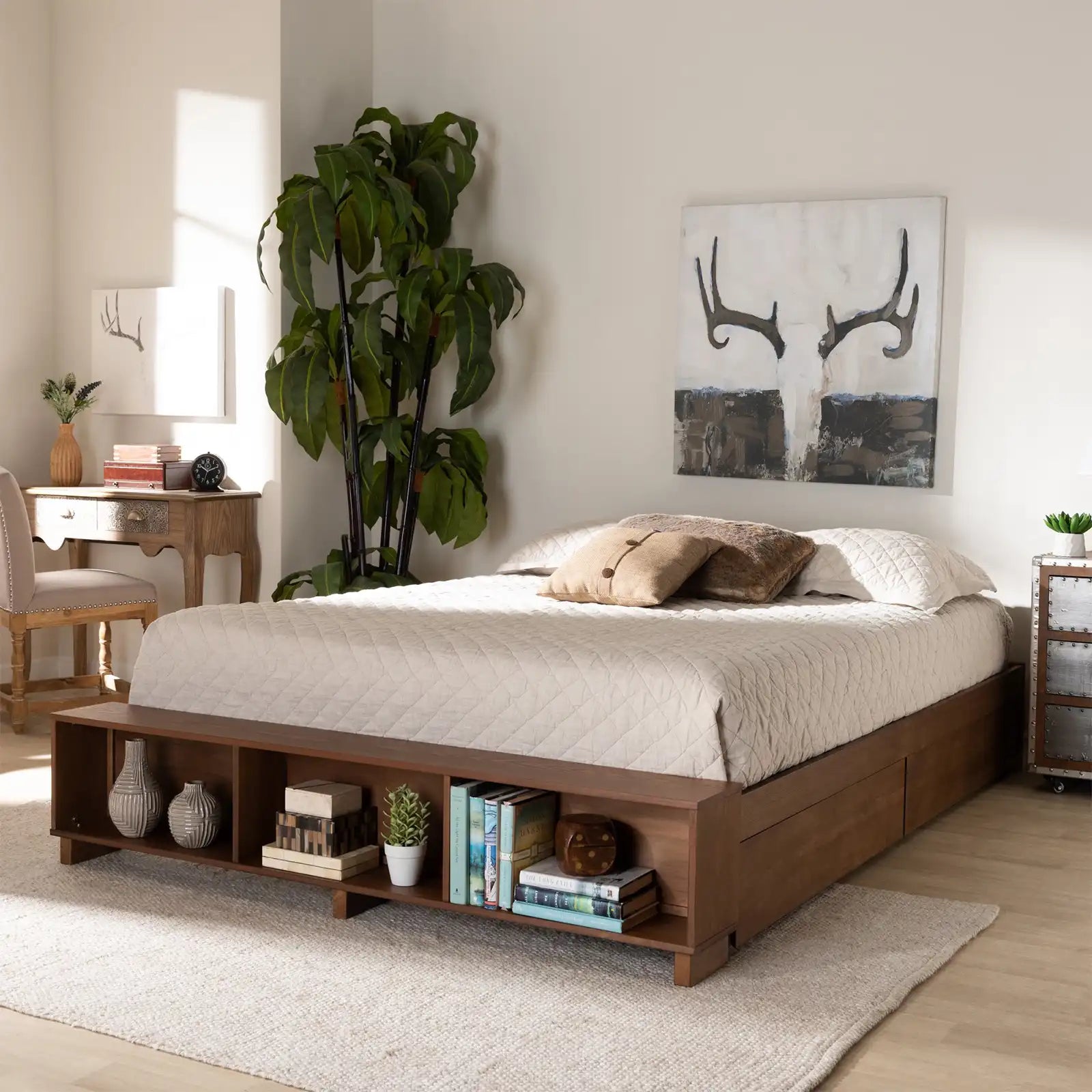 Platform Bed with Built-In Shelves and Drawers