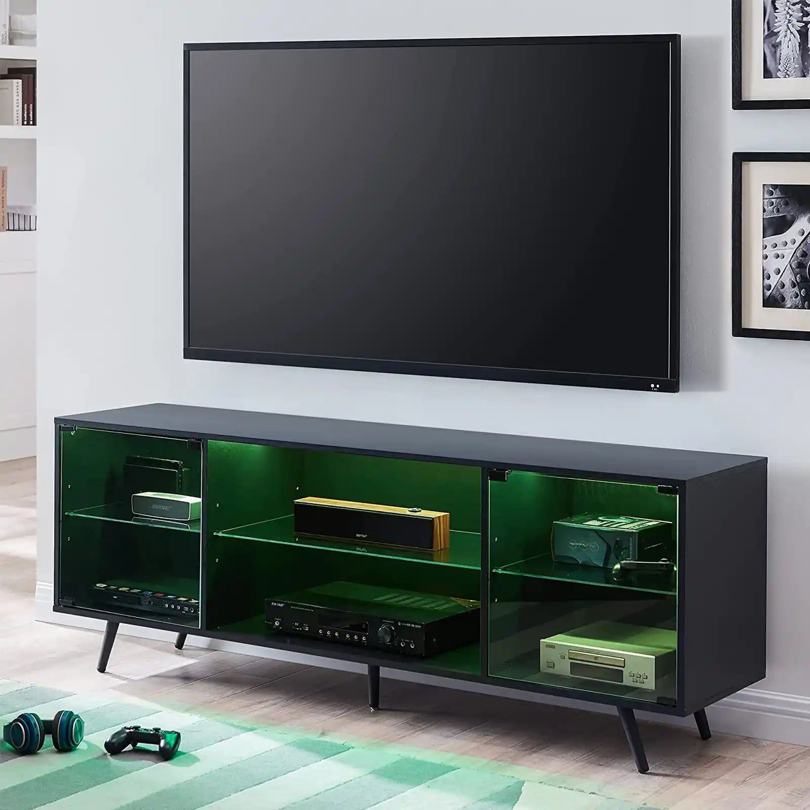 Soporte de TV moderno para TV de 75 pulgadas con luces LED, soportes de televisión para consola multimedia de centro de entretenimiento para juegos