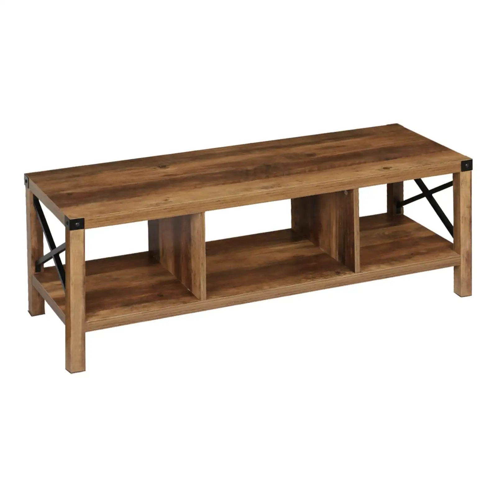Farmhouse Wooden Coffee Table with Open Storage Shelves