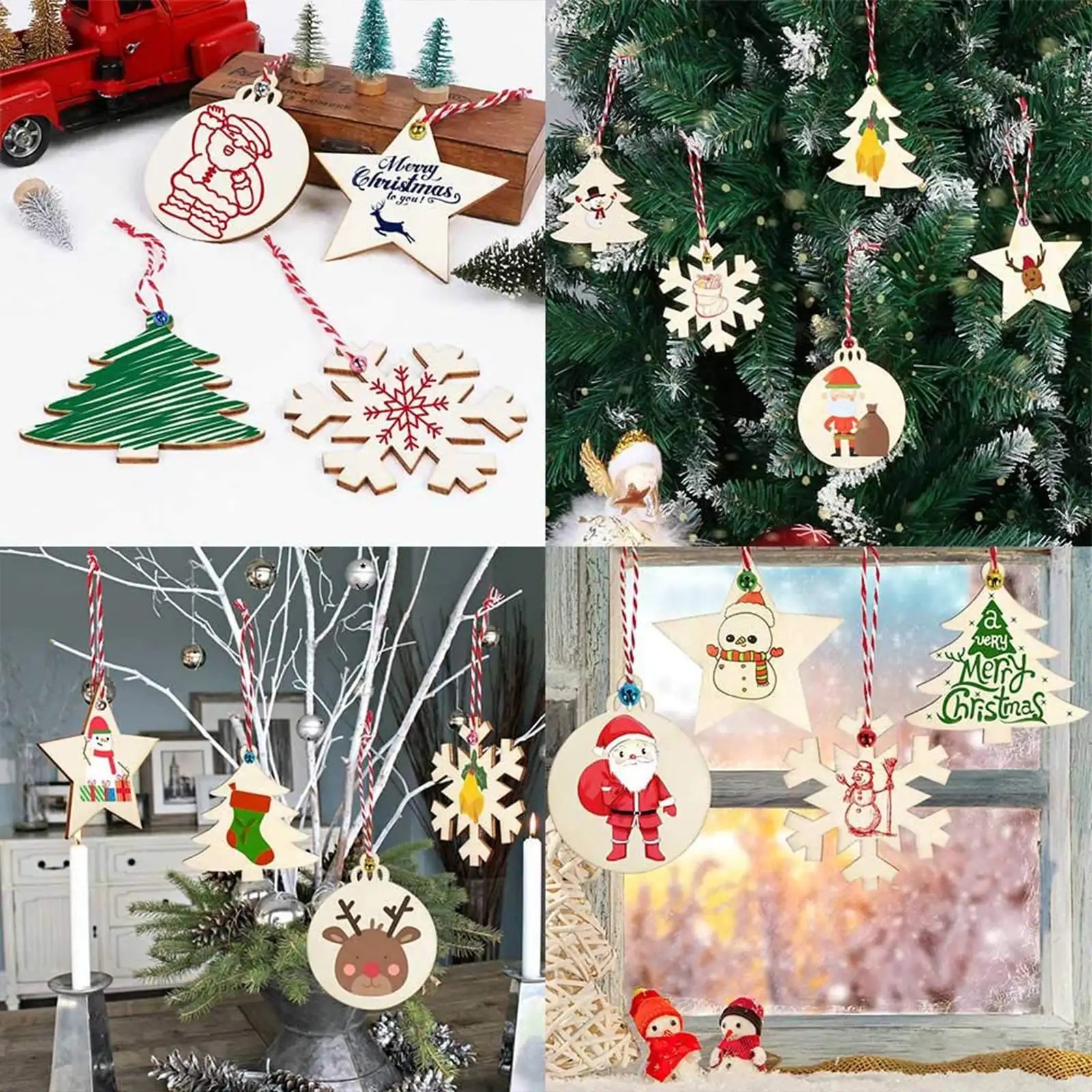 40pcs Wooden Christmas Ornaments Unfinished Wood Slices with Holes for Kids DIY Crafts
