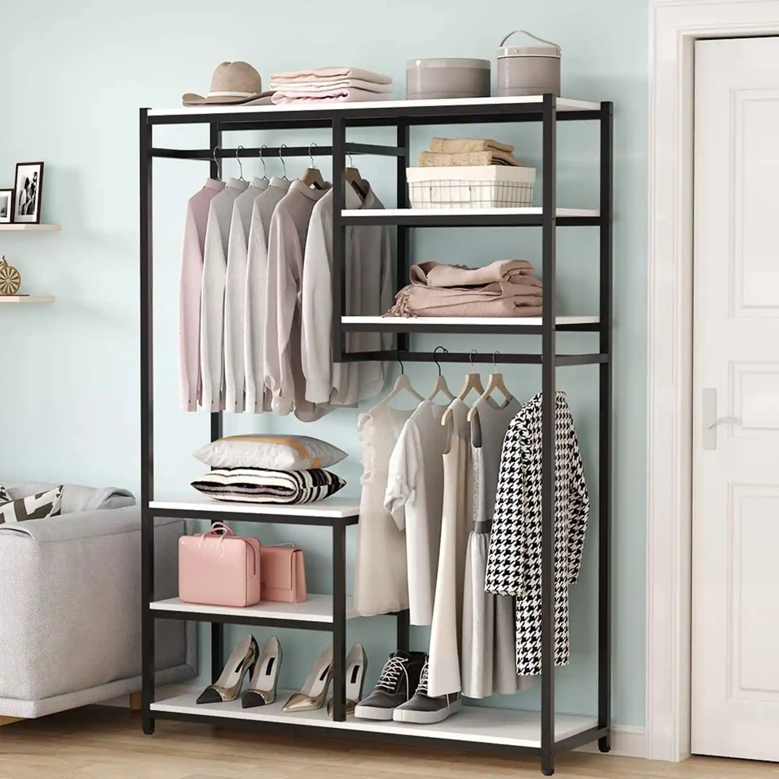 Free-standing Closet Organizer , Double Hanging Rod Clothes Garment Racks with Storage Shelvels