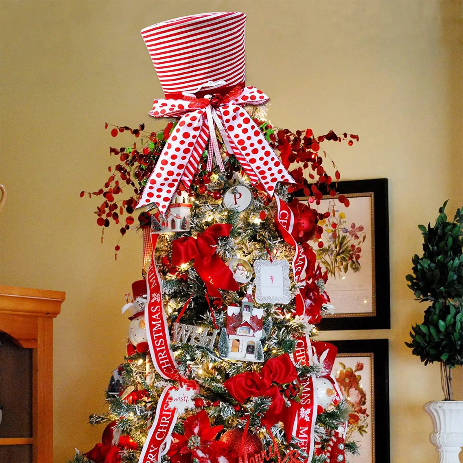 Sombrero de copa de árbol de Navidad con lazo, decoración de árbol de Navidad 