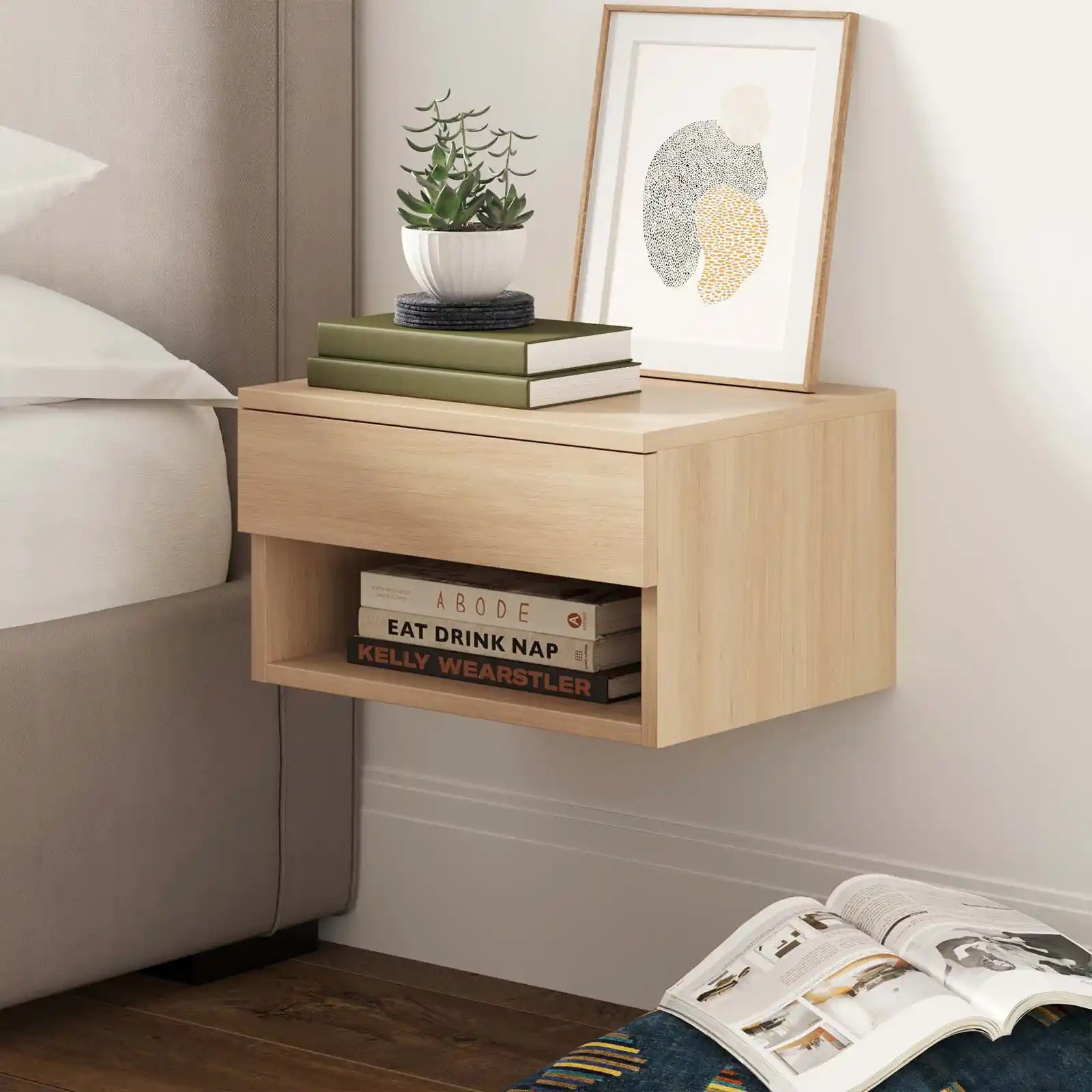 Mesita de noche flotante de madera bohemia moderna con cajón de almacenamiento para dormitorio