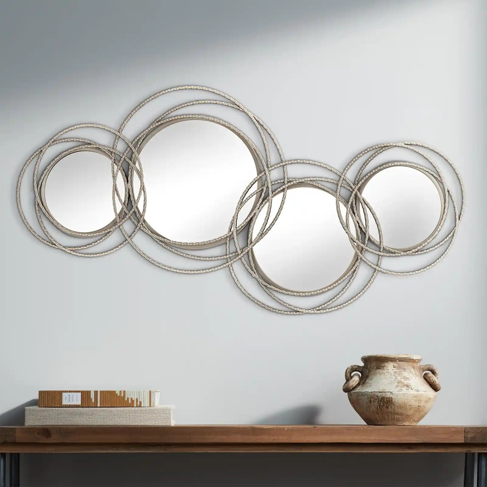 Round Vanity Decorative Wall Mirror Modern Gray Pewter Metal Frame